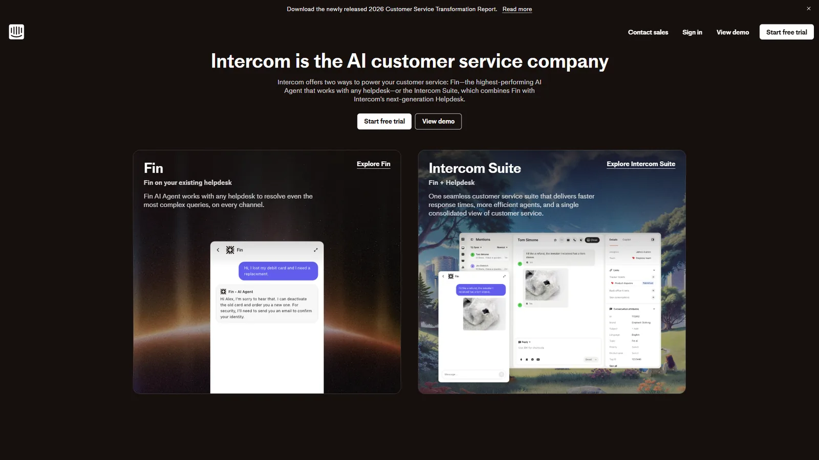Intercom homepage with the AI customer service company headline, Fin AI preview, and Intercom Suite panel