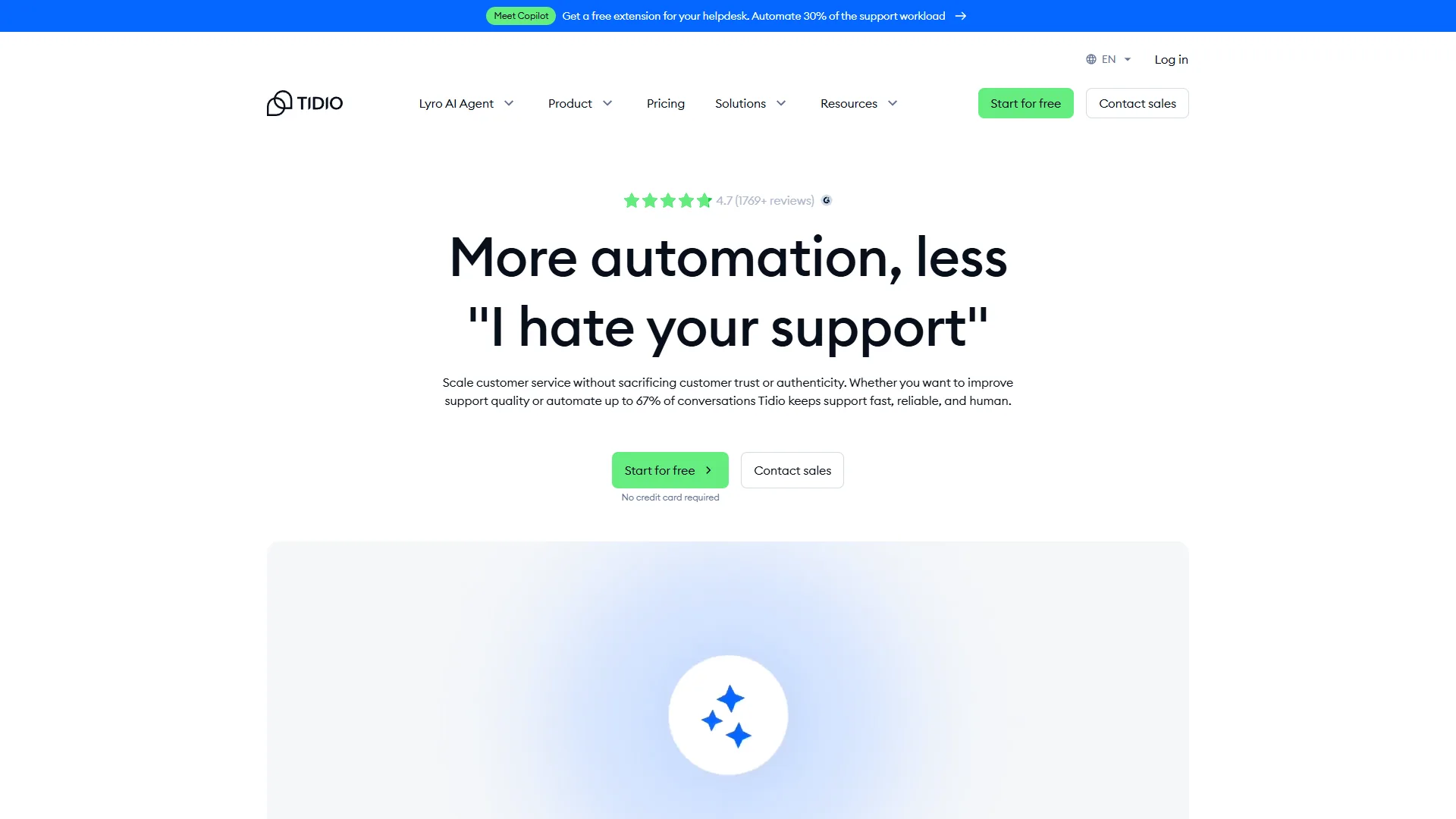 Tidio homepage with More automation less I hate your support headline, high star rating, and start free button
