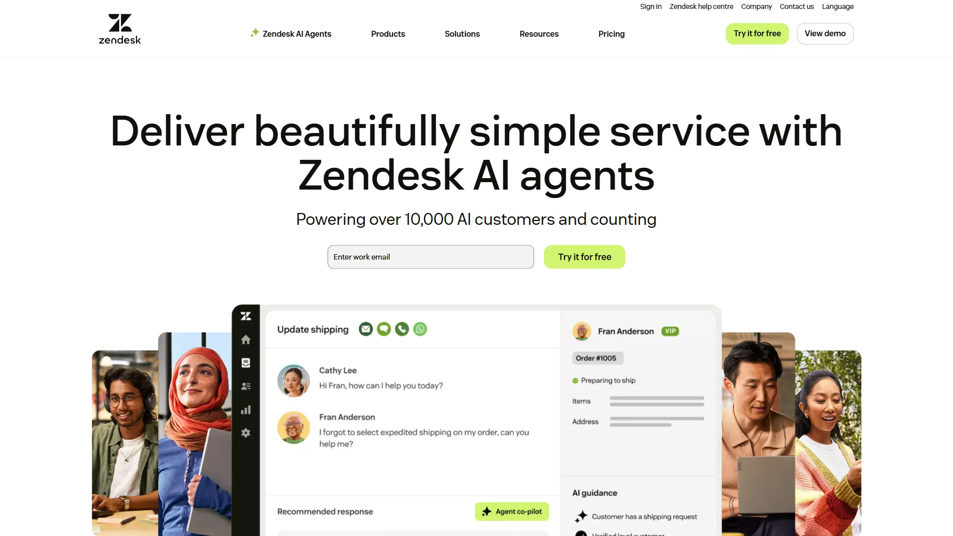 Zendesk homepage with Deliver beautifully simple service headline, chat conversation preview, and AI guidance panel