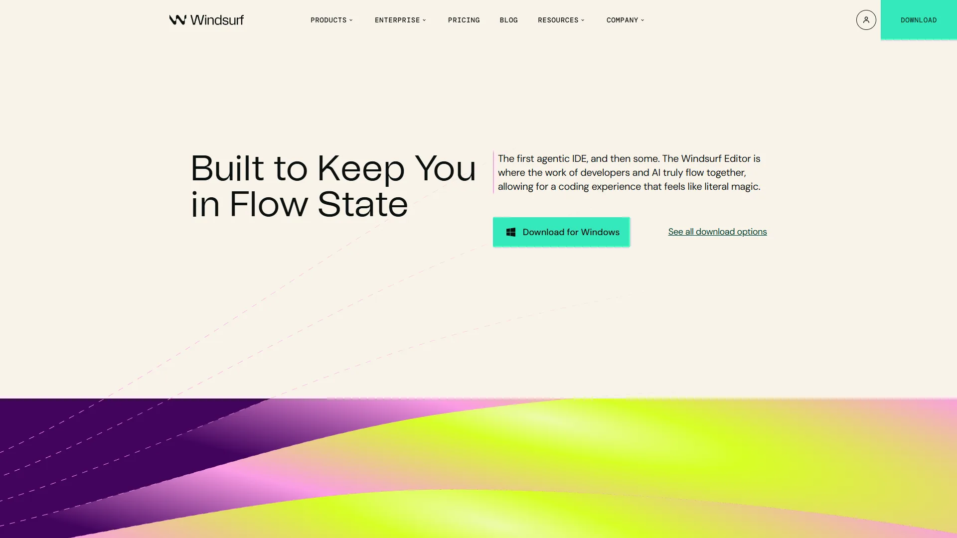 Windsurf homepage with Built to Keep You in Flow State headline and a download button