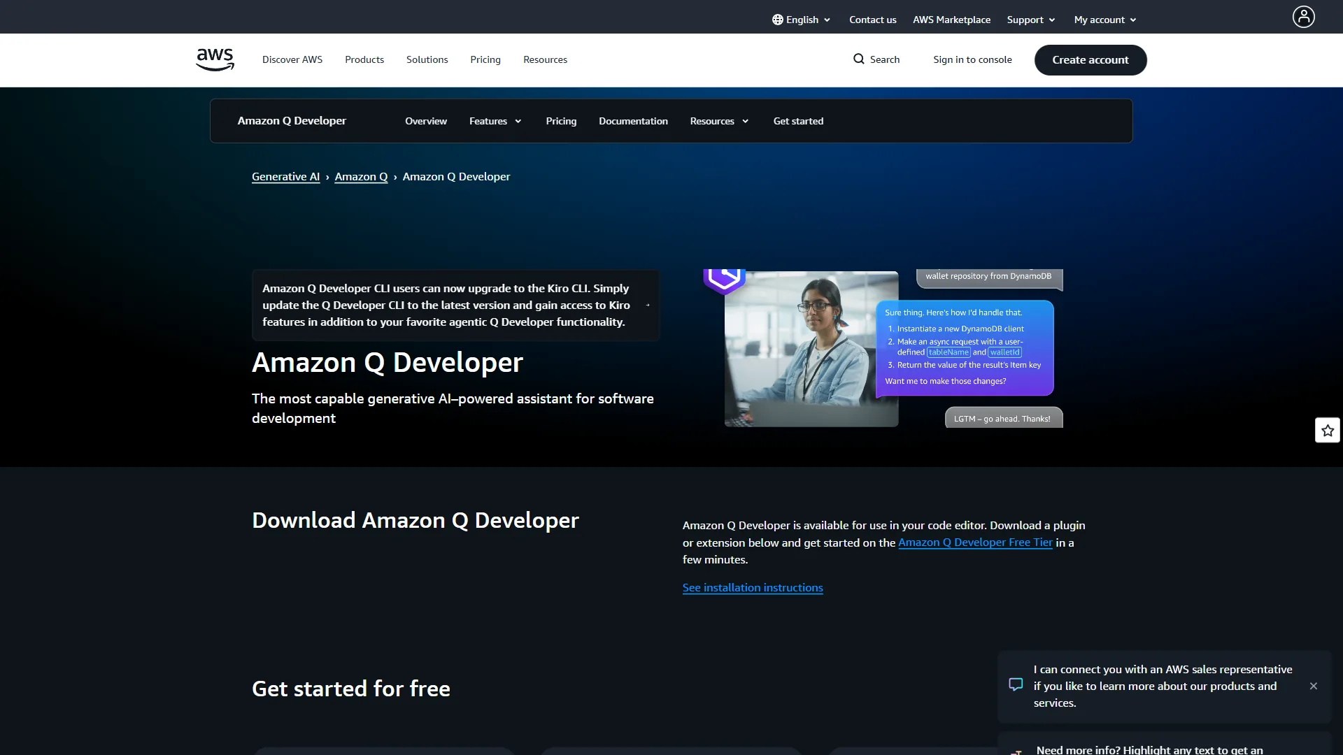 Amazon Q Developer showing AWS-specific code suggestions