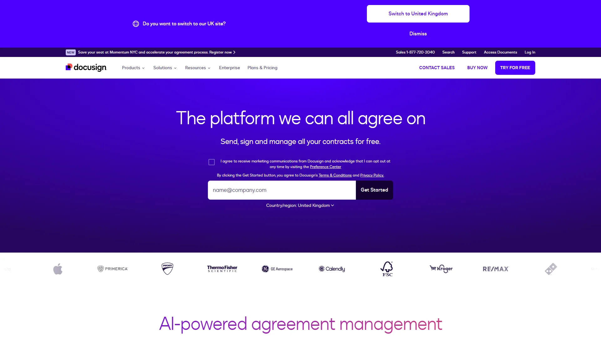 DocuSign homepage showing AI-powered agreement management platform