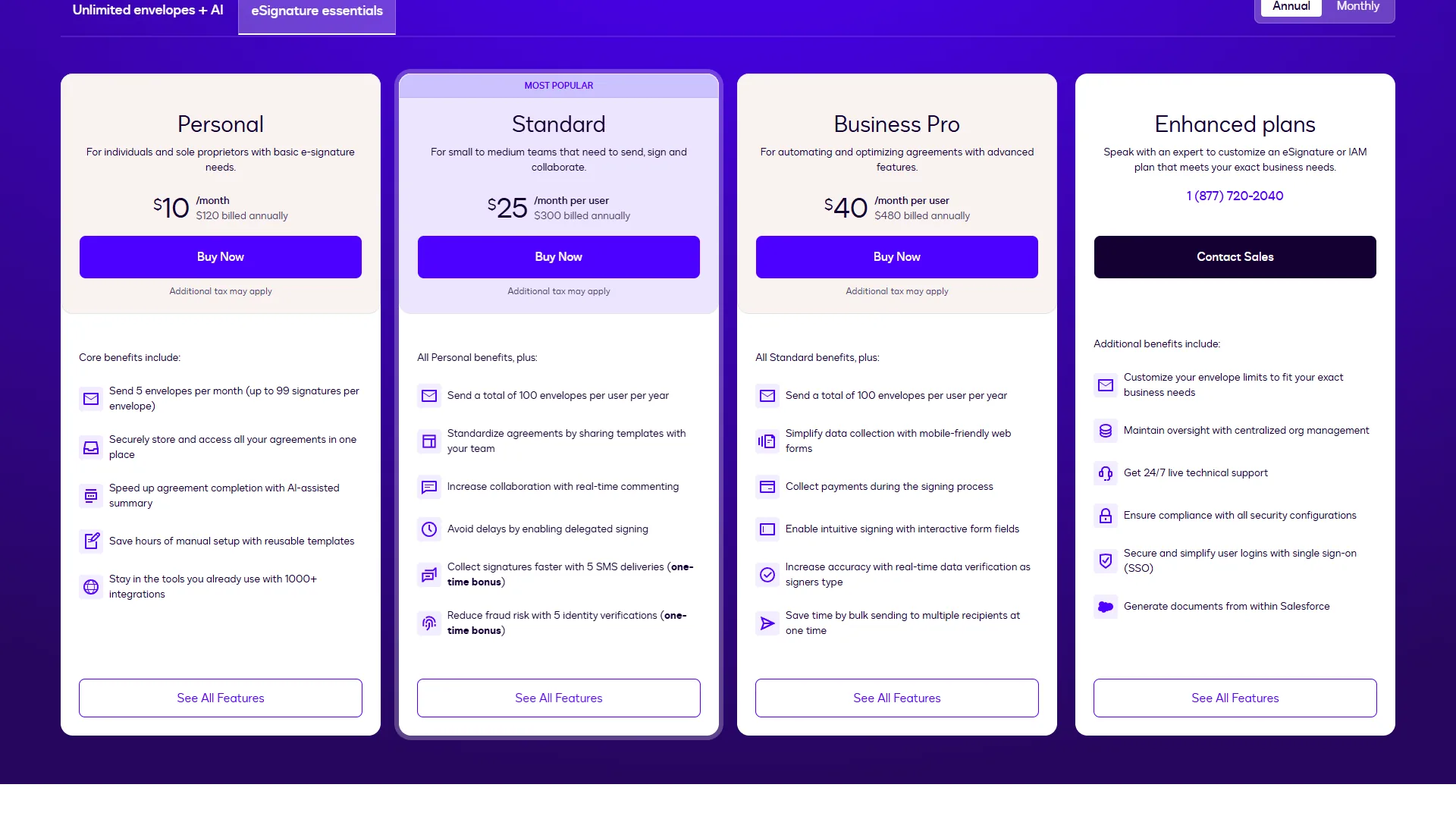 DocuSign pricing tiers from Personal to Enhanced plans