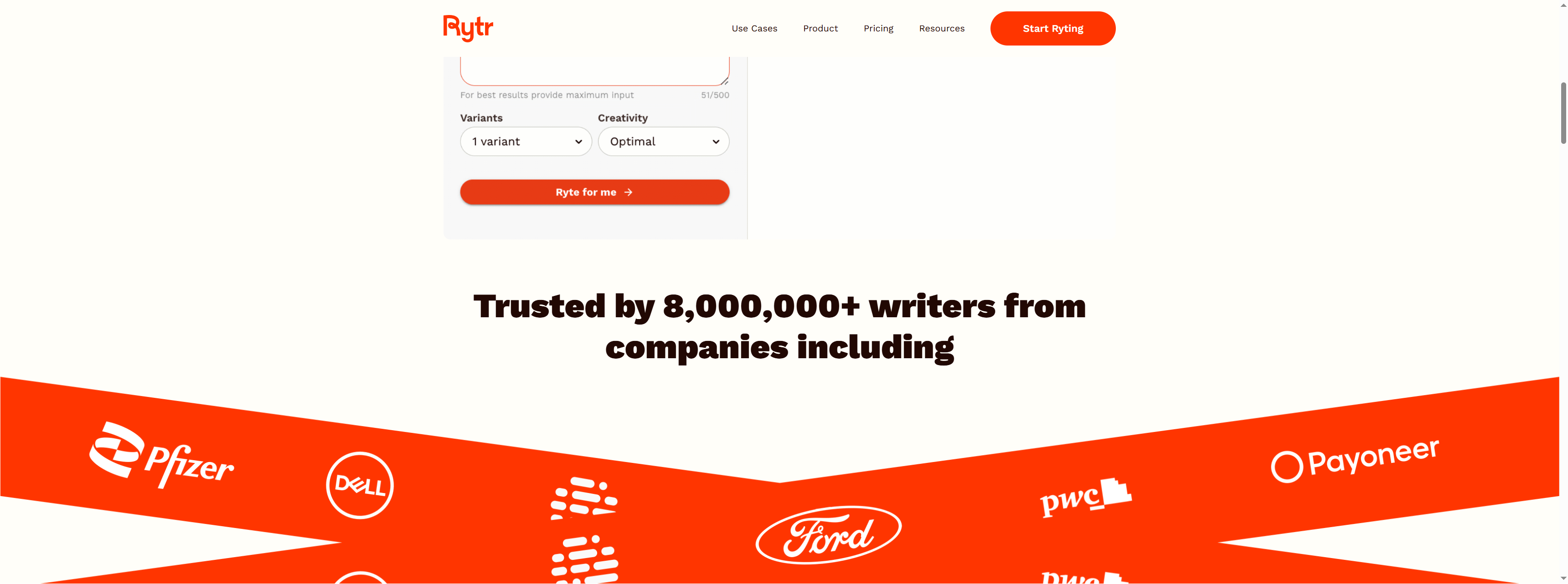 Rytr use case selector showing 40+ templates including blog ideas, email subject lines, and social media posts