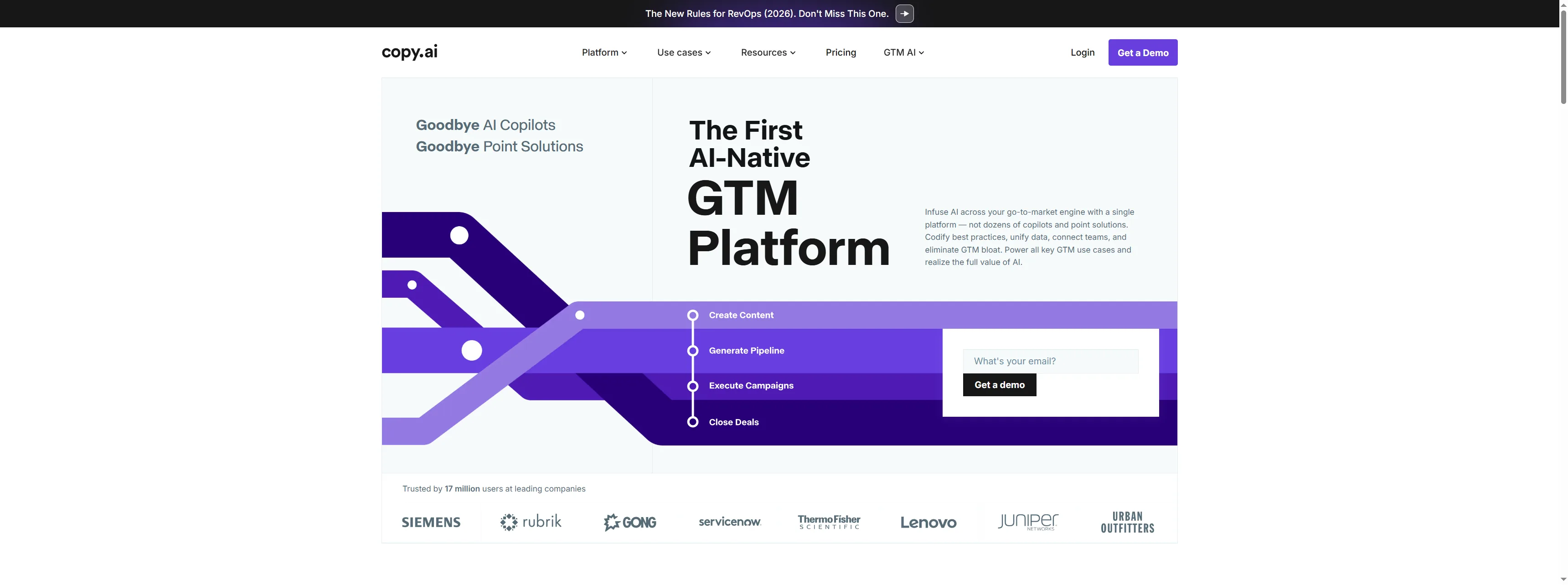 Copy.ai homepage promoting its AI-native GTM platform with pipeline and campaign workflow diagram