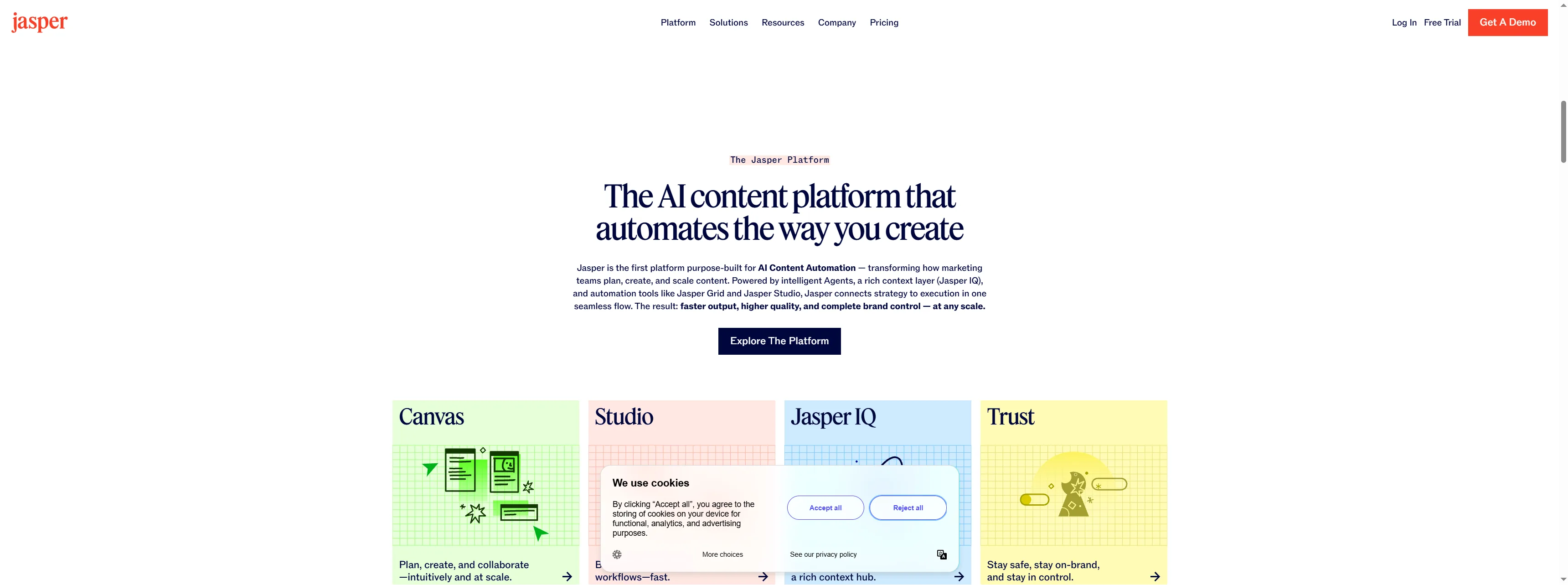 Jasper platform page with AI content automation headline and Canvas, Studio, IQ, Trust sections