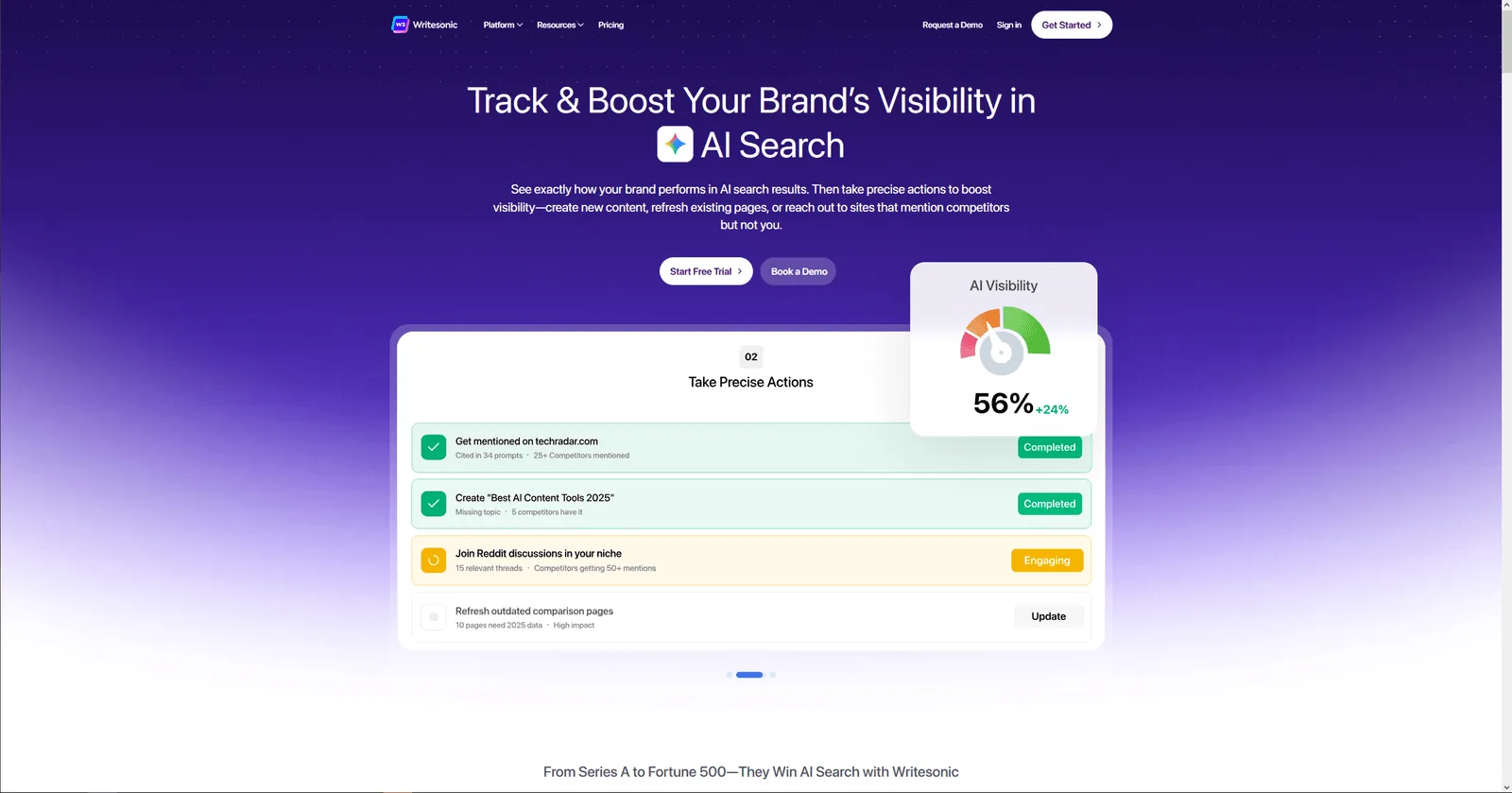 Writesonic homepage showing AI Article Writer 5.0 and SEO content tools