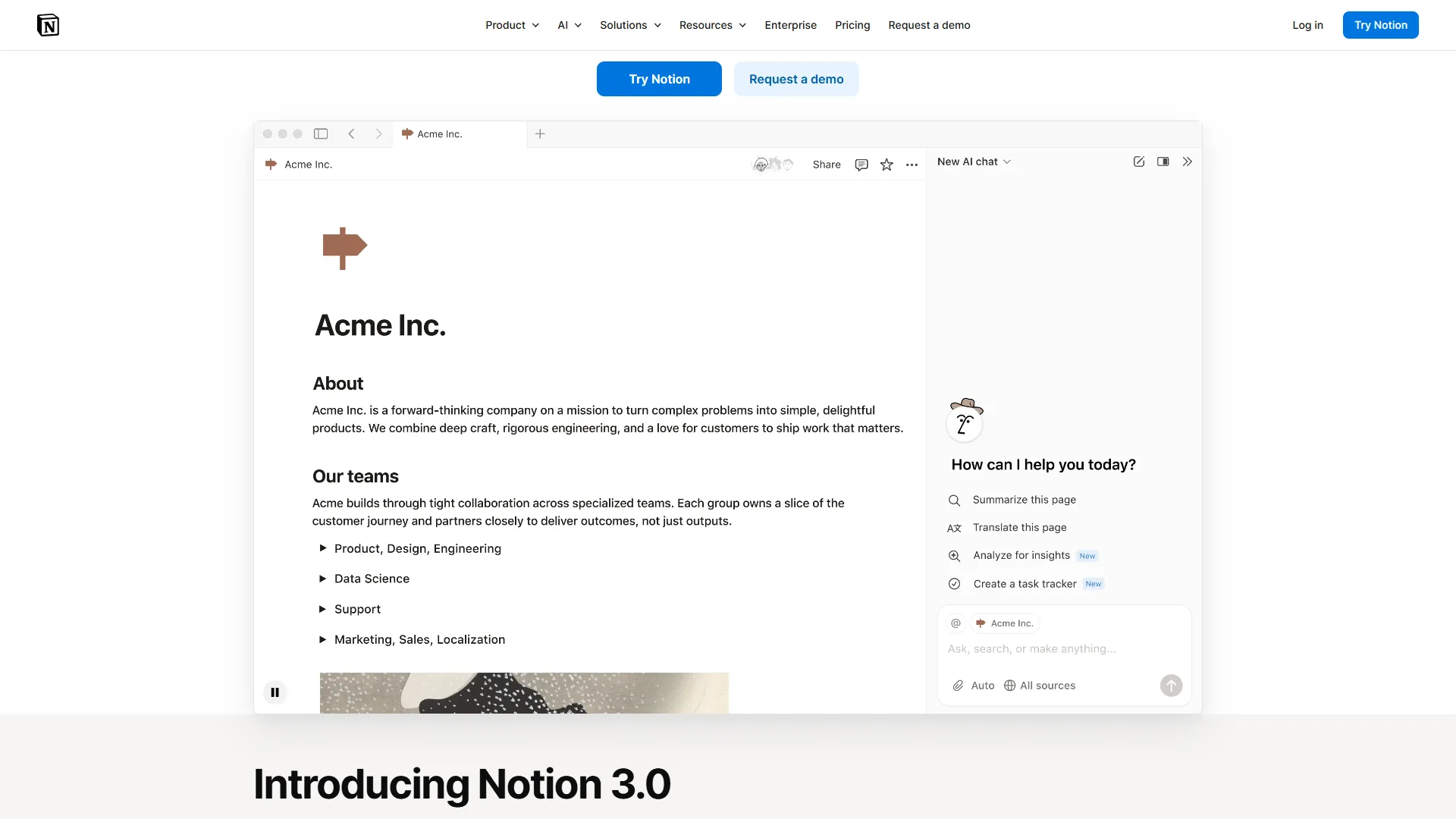 Notion product page showing Acme Inc. demo with AI chat sidebar and team description content