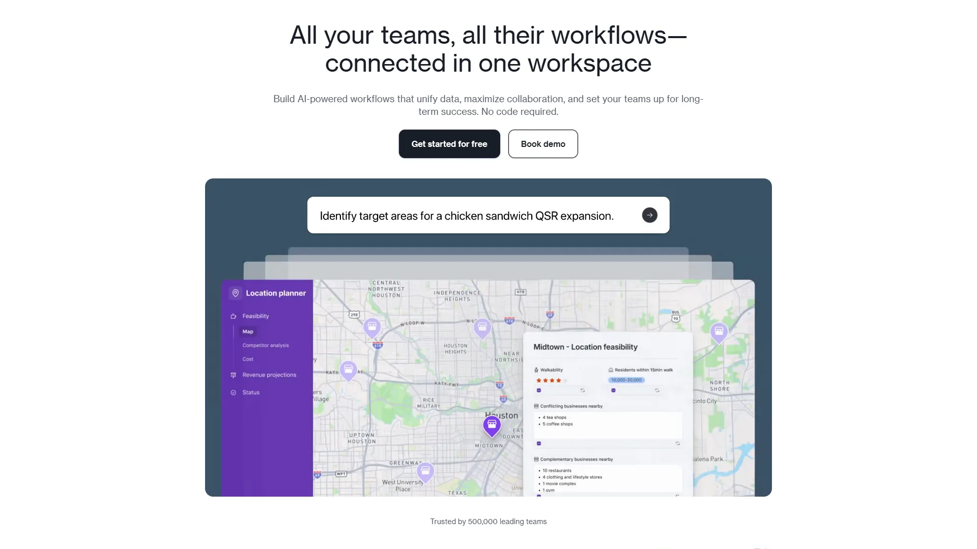 Airtable marketing page with connected workspace headline and location planner map demo
