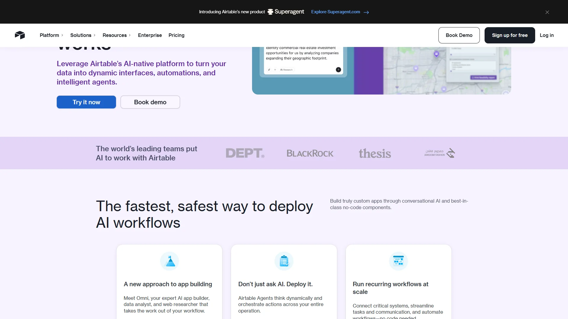 Airtable product page showing AI workflow deployment with app building and agent features