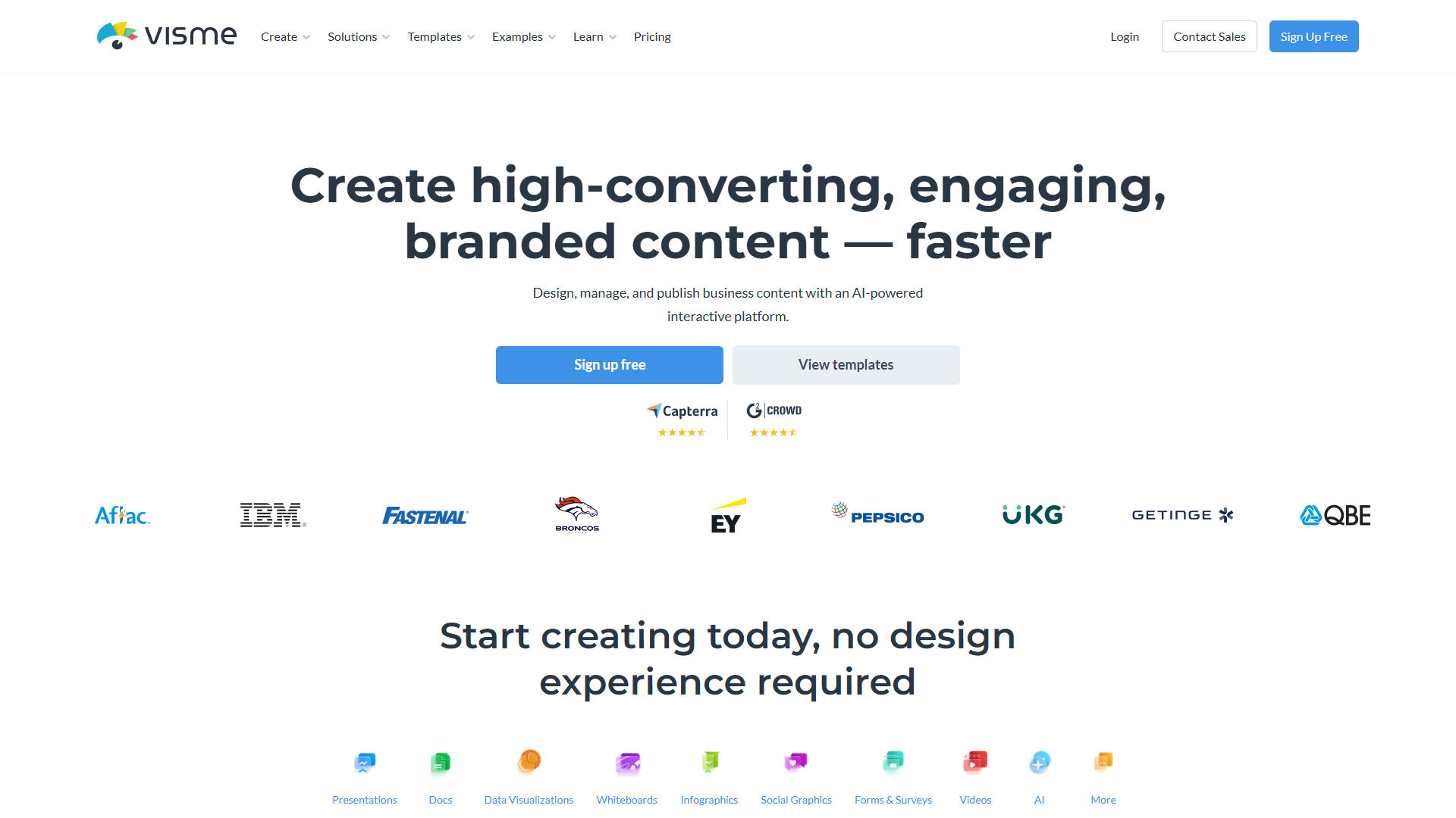 Visme homepage showcasing AI-powered design platform with presentation and infographic creation features