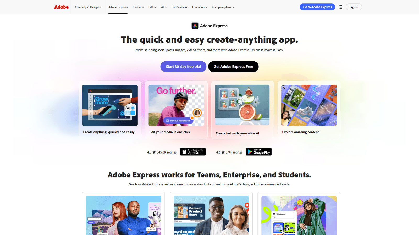Adobe Express homepage showing AI-powered quick actions for content creation and design