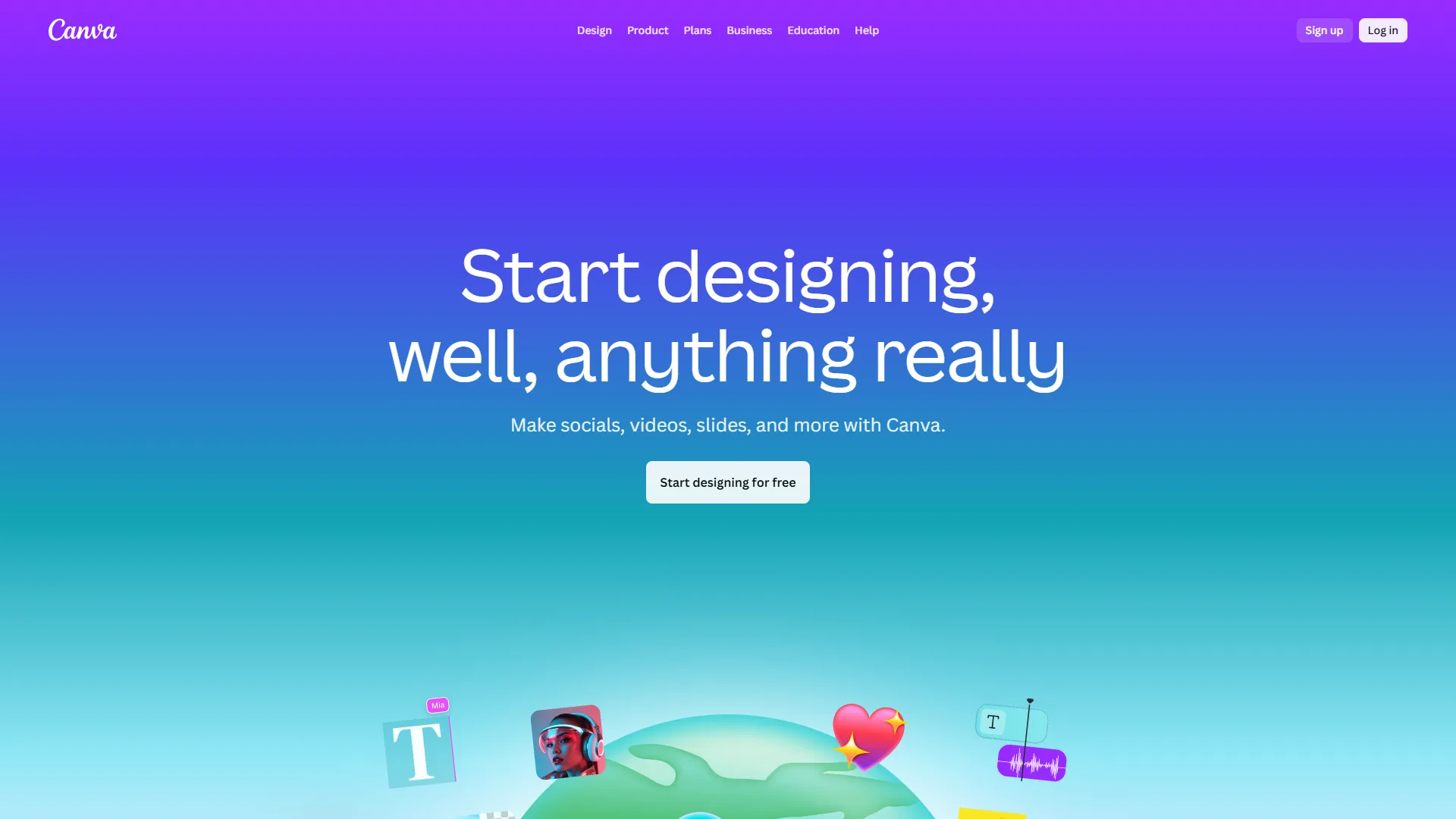 Canva homepage featuring visual suite for design with AI-powered tools and massive template library