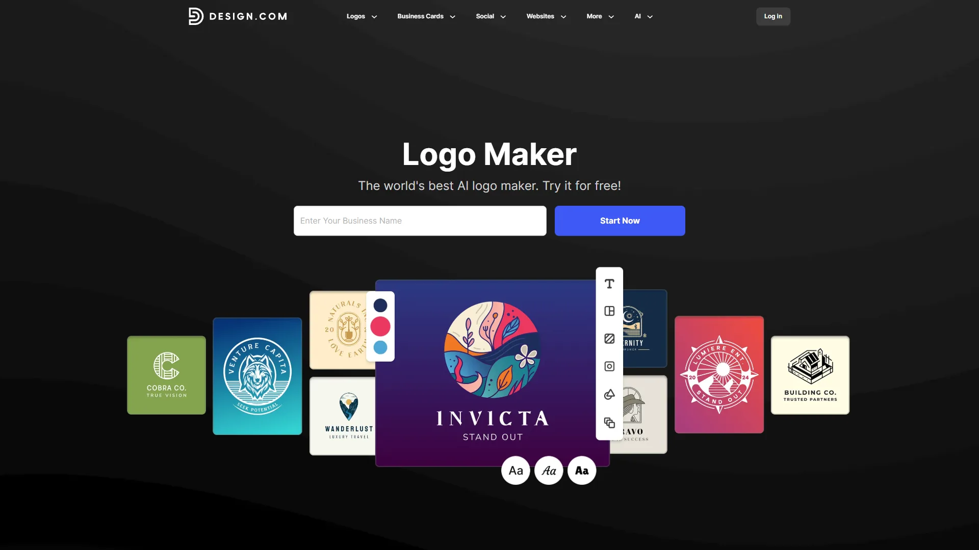 Design.com AI logo maker interface showing generated logo variations with brand kit assets