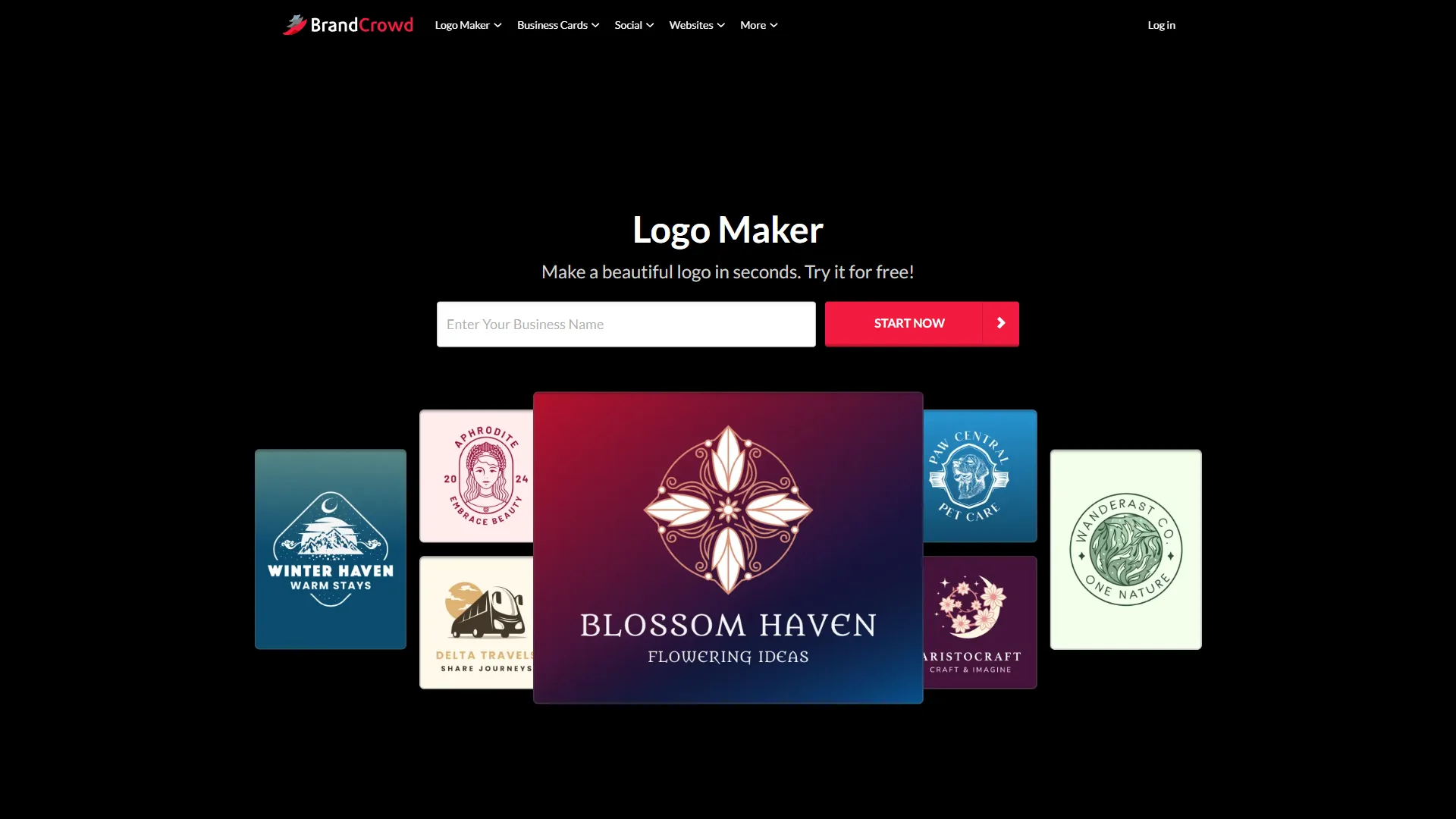 BrandCrowd AI logo maker showing curated designer template gallery and AI chat editor