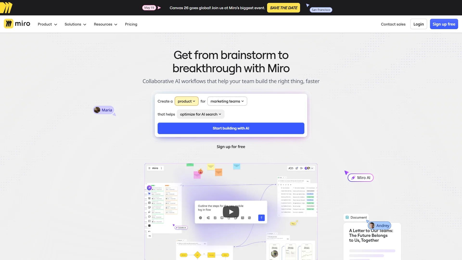 Miro homepage showing the visual collaboration platform with AI-powered diagramming