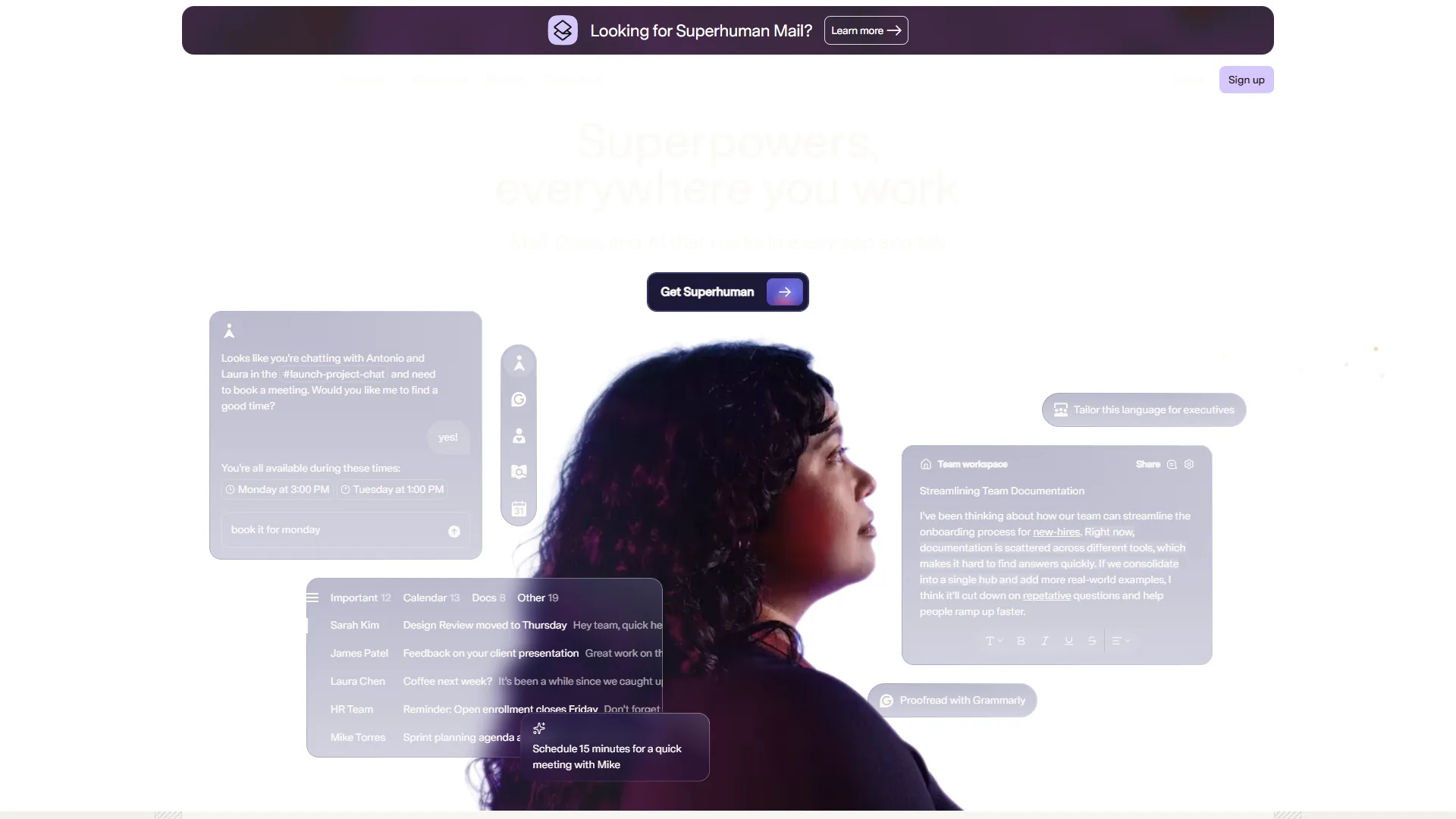 Superhuman homepage with Superpowers everywhere you work headline, AI scheduling chat, and inbox preview