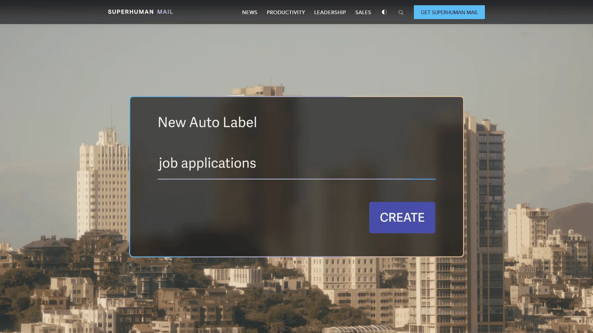 Superhuman Mail New Auto Label dialog with job applications entered as a custom label name