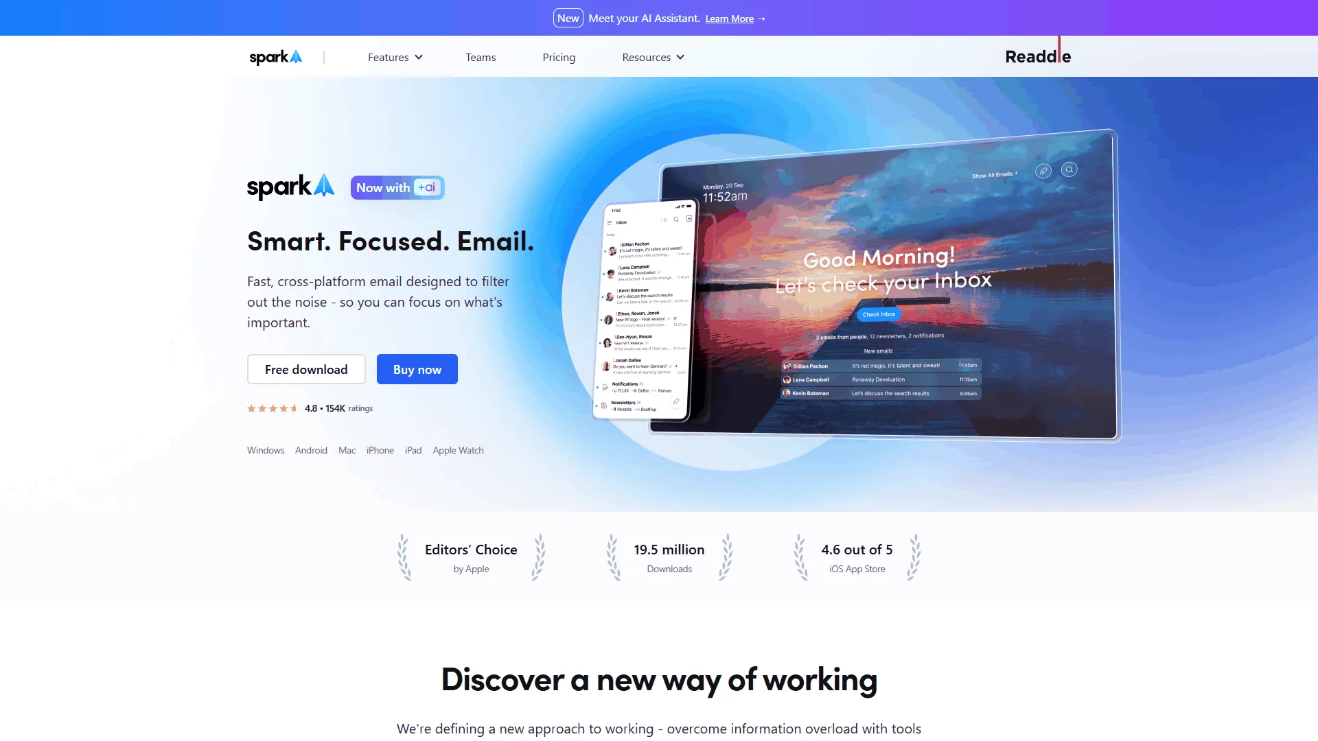 Spark Mail homepage showing Smart Inbox AI email categorization and cross-platform support