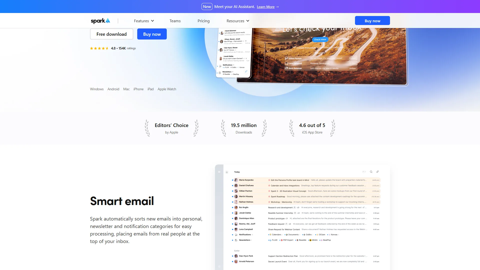 Spark Mail marketing page with Smart email section, 19.5 million downloads, and high star rating