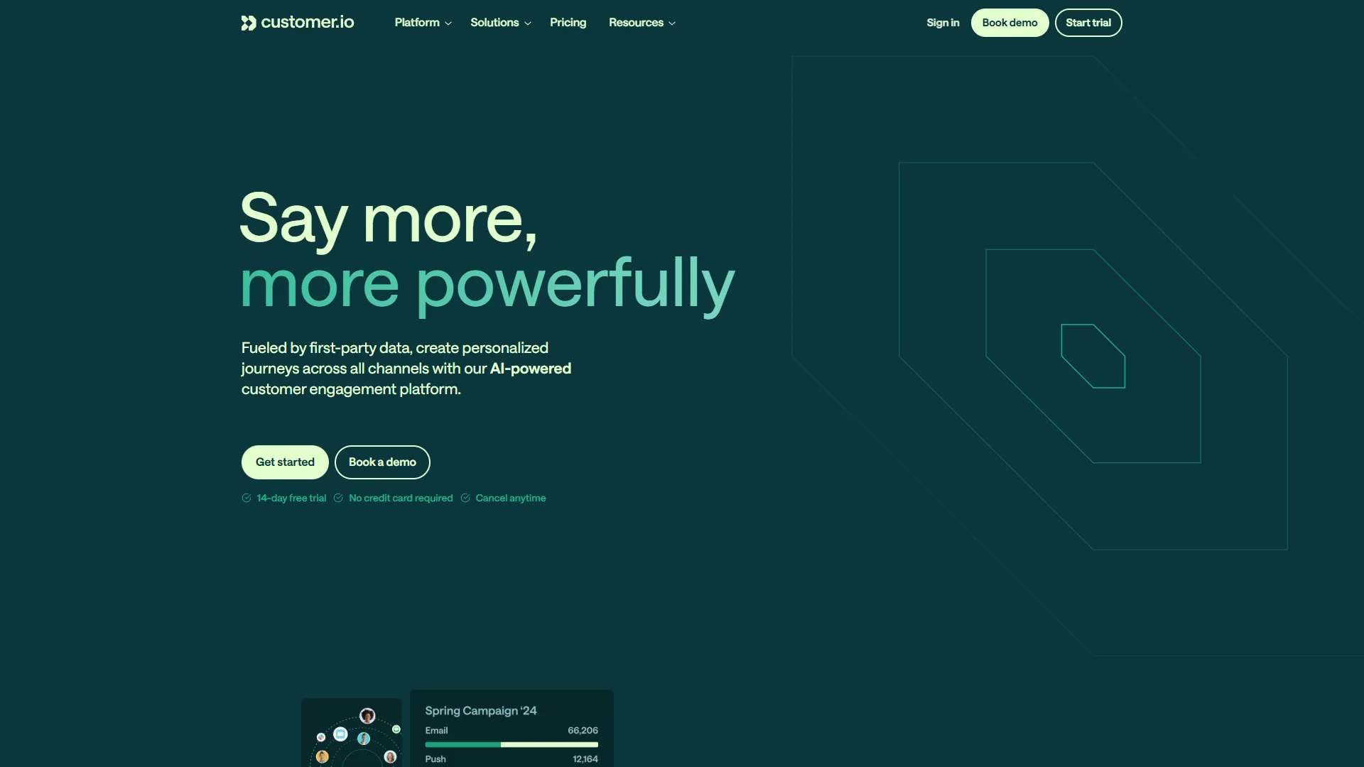 Customer.io homepage with Say more, more powerfully headline and campaign stats preview