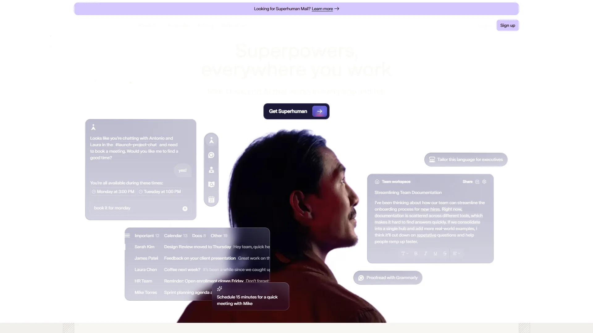 Superhuman homepage showing AI chat, inbox preview, team workspace, and scheduling features
