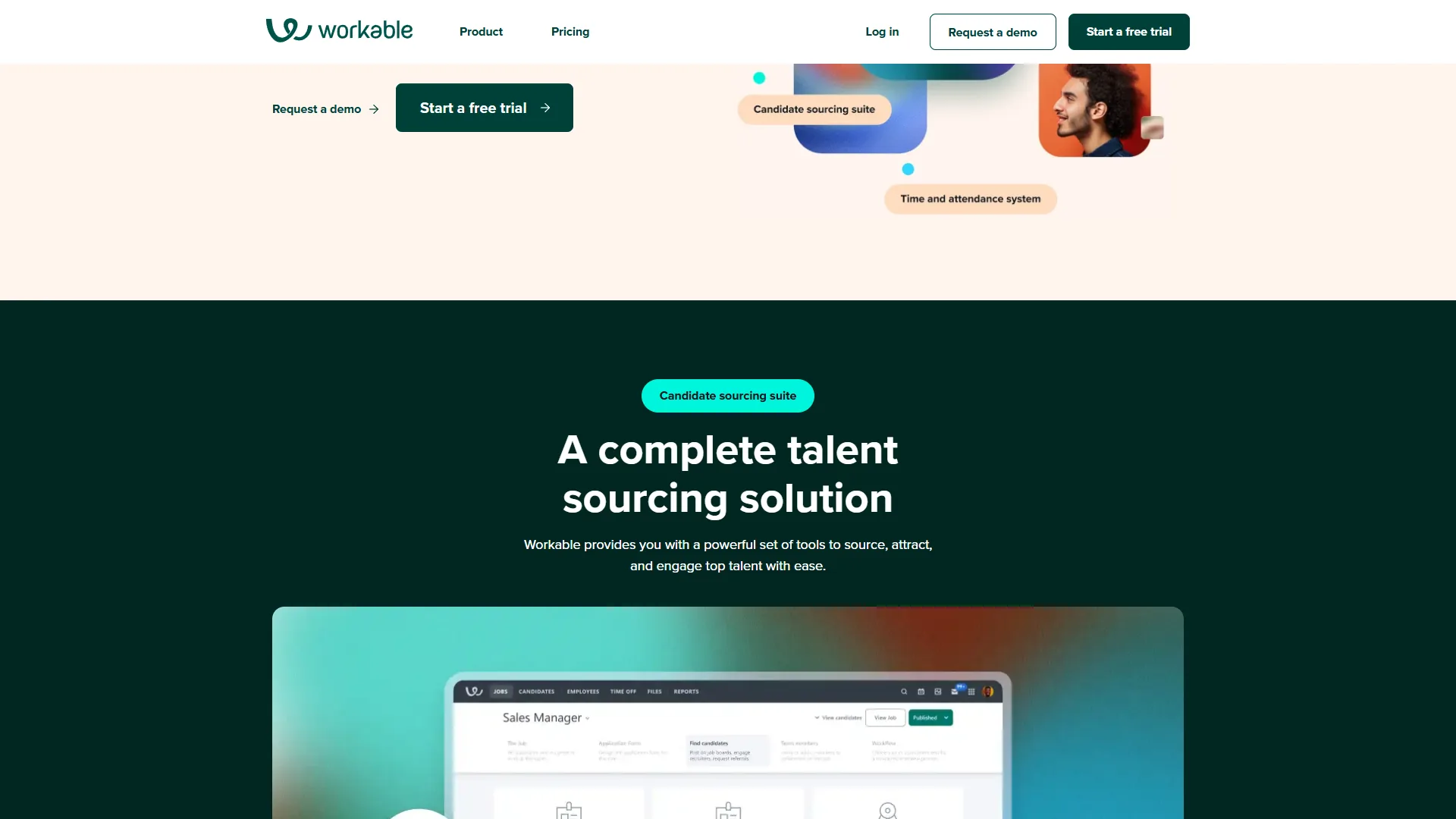 Workable candidate sourcing suite section with a Sales Manager job pipeline preview below