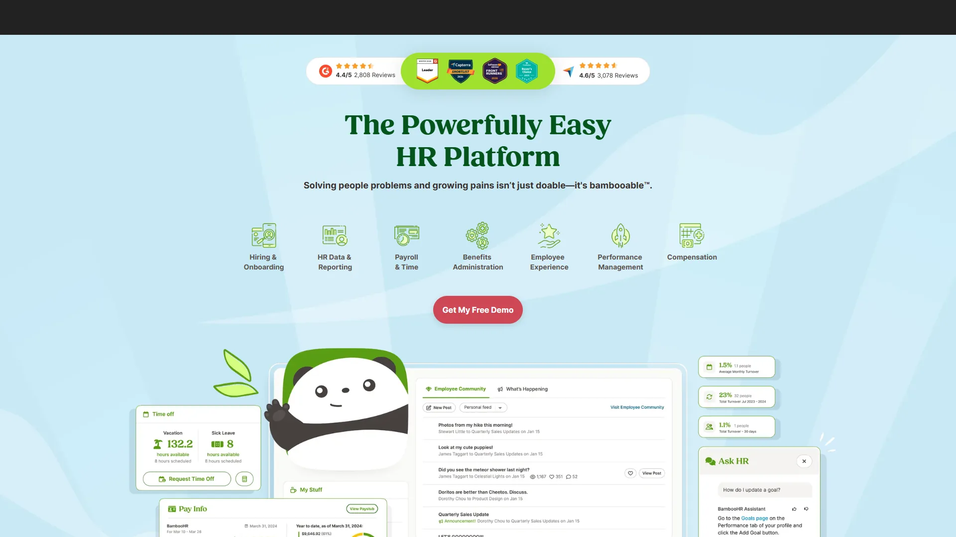 BambooHR people platform landing page showing HR management and employee self-service features