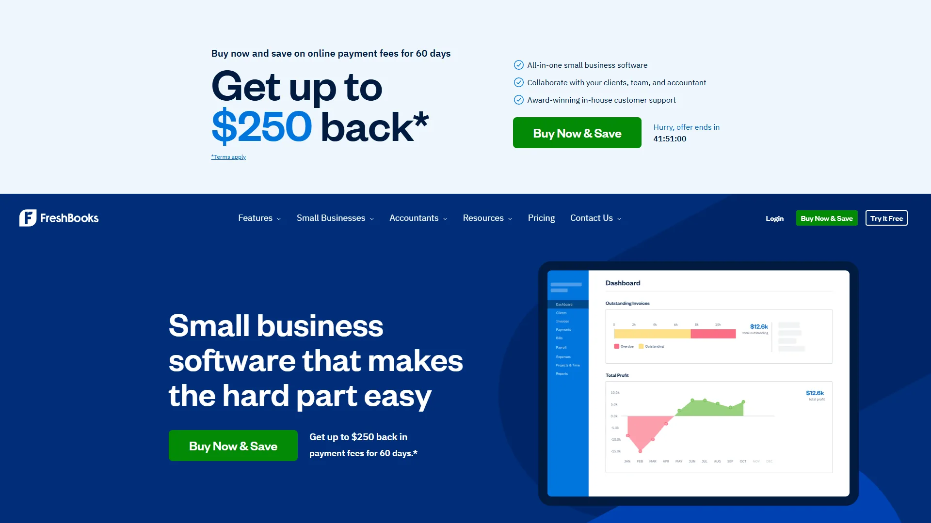 FreshBooks homepage showing AI-powered invoicing and accounting features