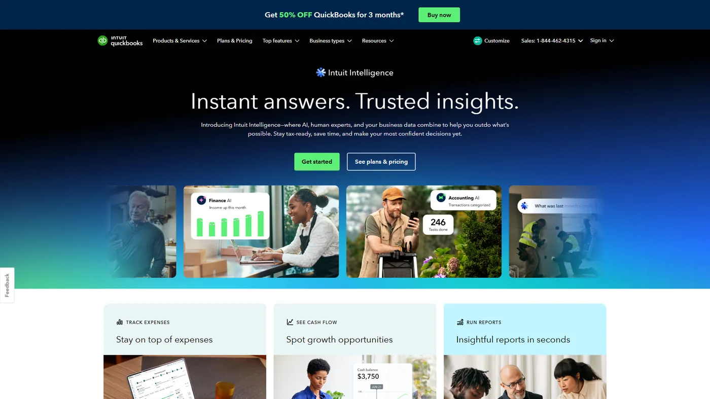 QuickBooks Online homepage showing Intuit Assist AI features