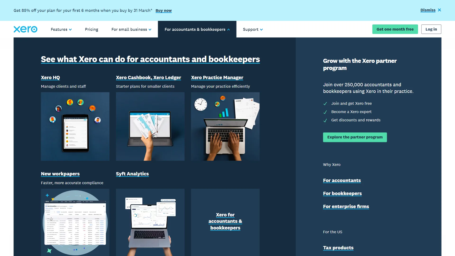 Xero for accountants and bookkeepers page with Xero HQ, Cashbook, and Practice Manager tiles