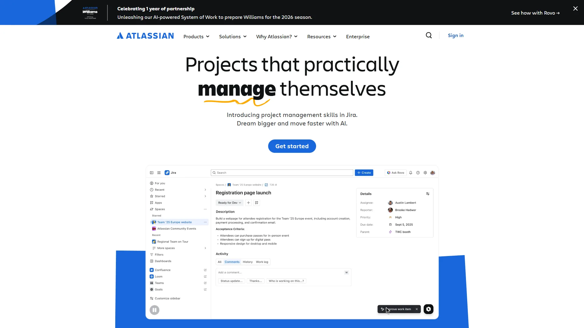 Atlassian homepage showing AI-powered project management with Jira integration