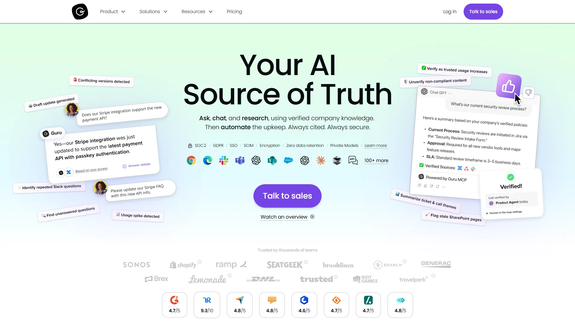 Guru homepage showing AI-powered verified knowledge cards with integration badges