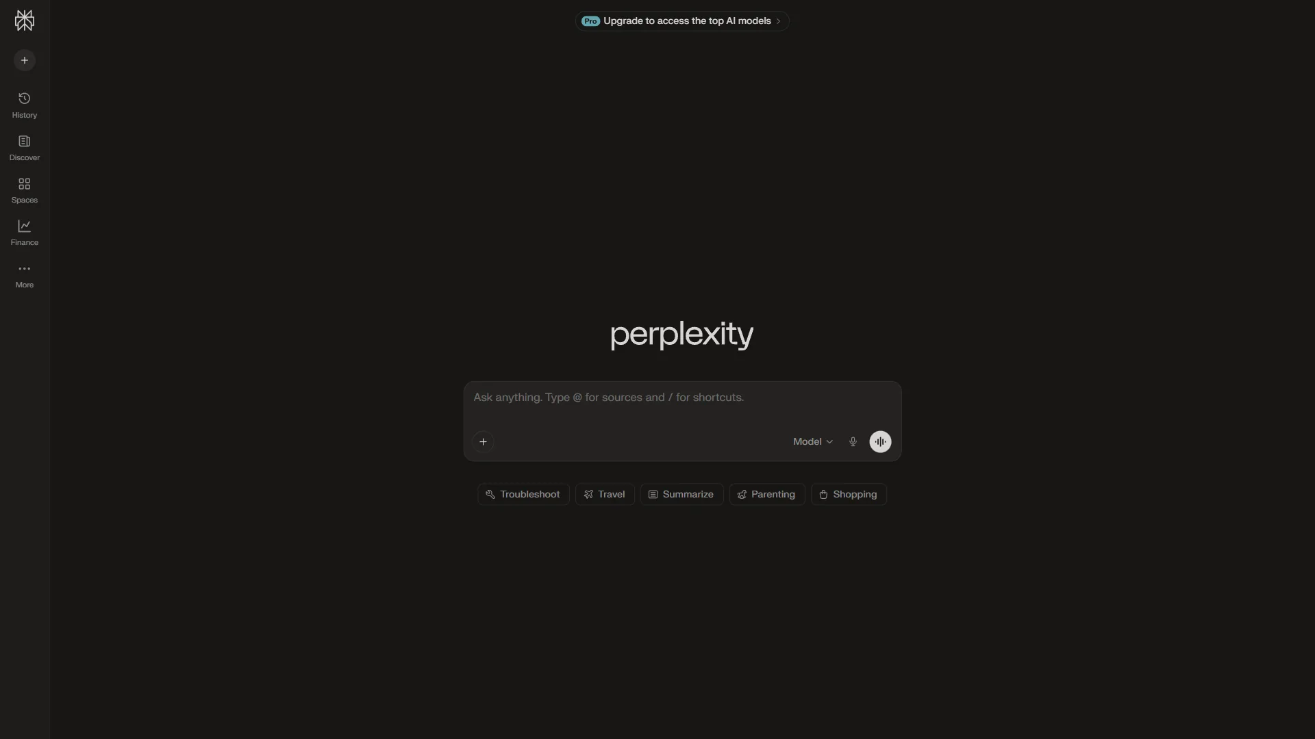 Perplexity AI search interface with sidebar navigation showing History, Discover, Spaces, and Finance sections alongside quick-start categories