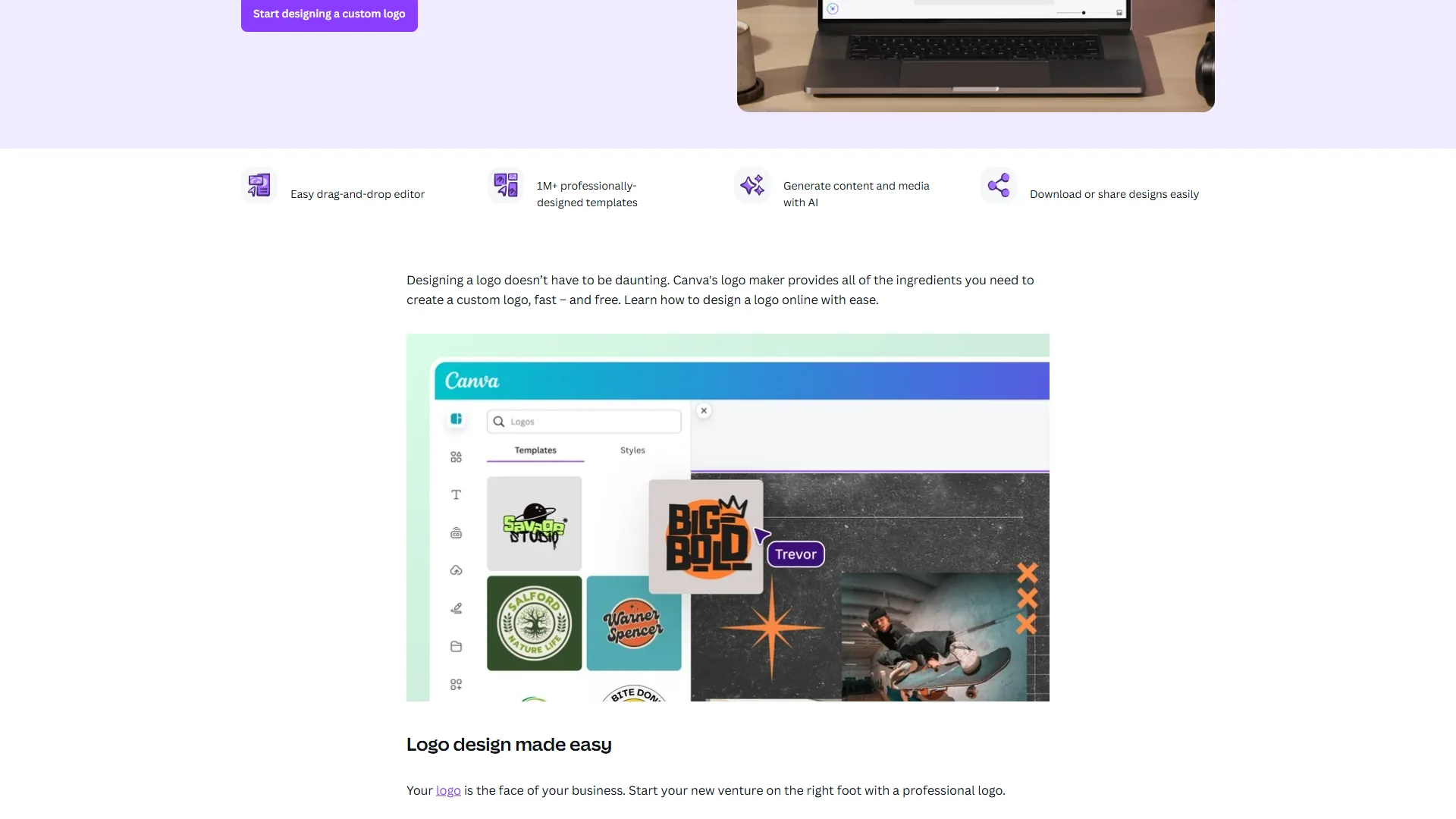 Canva logo maker page with template search bar and colorful logo design previews in the editor