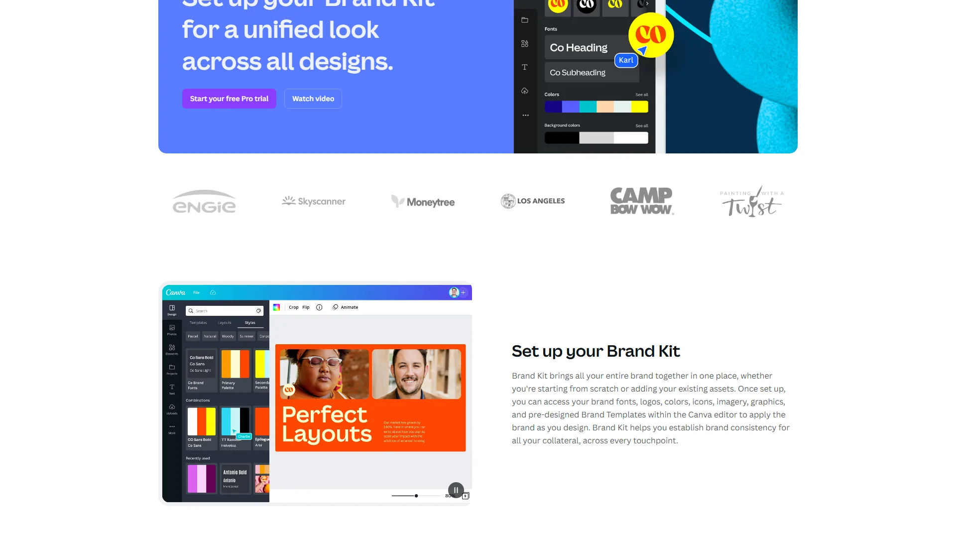 Canva Brand Kit page showing color palette editor, font settings, and client logos like Engie and Moneytree