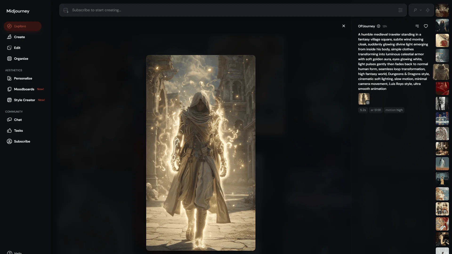 Midjourney web interface displaying a glowing medieval robed figure in fantasy art style with prompt sidebar