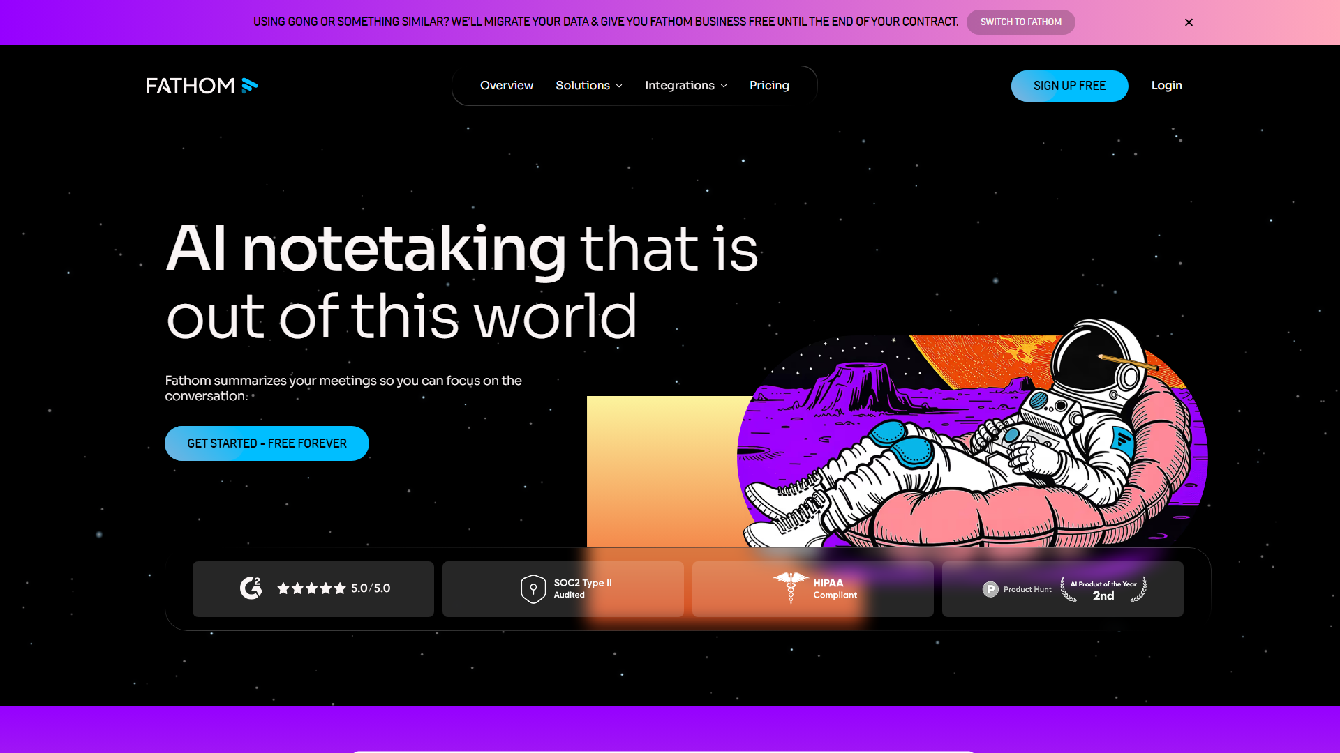 Fathom homepage showing AI notetaking interface with space-themed illustration