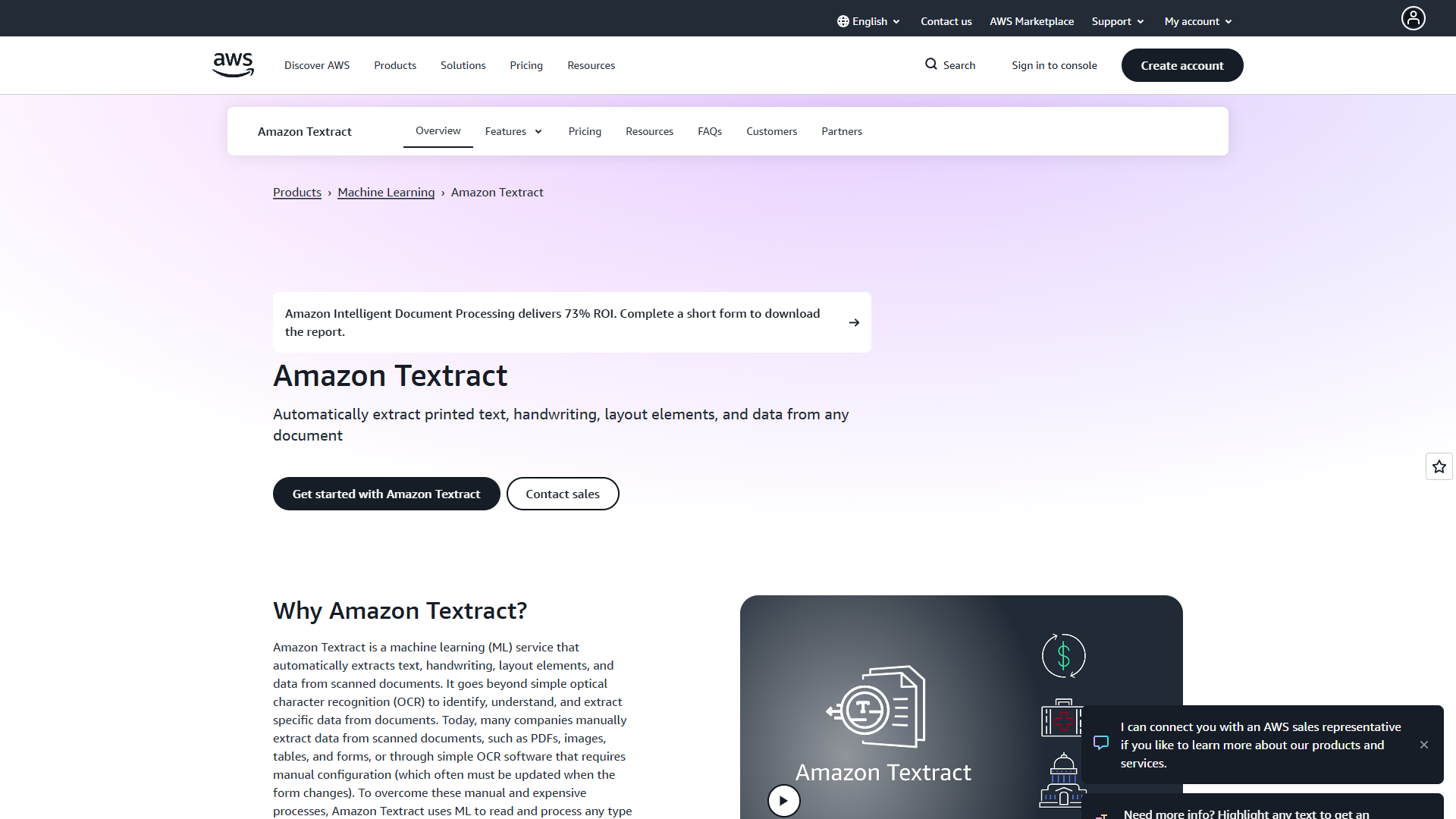 AWS Textract console showing document analysis features