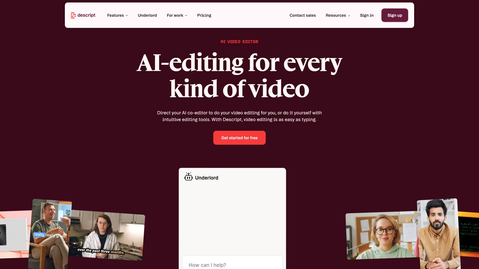 Descript homepage with AI-editing for every kind of video headline and Underlord chat widget