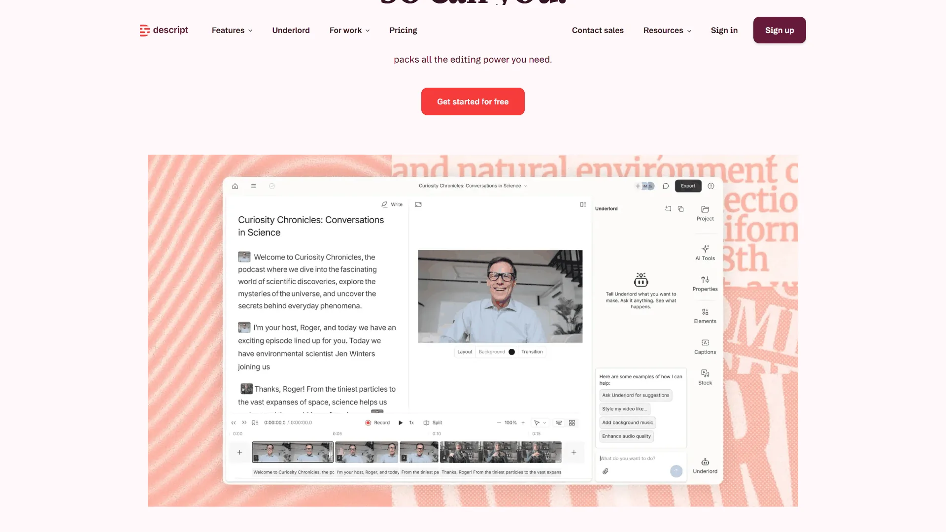 Descript AI editing features showing text-based editing and filler word removal interface
