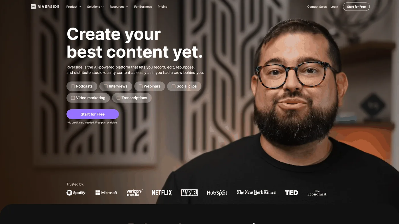 Riverside recording platform landing page showing studio-quality remote podcast recording
