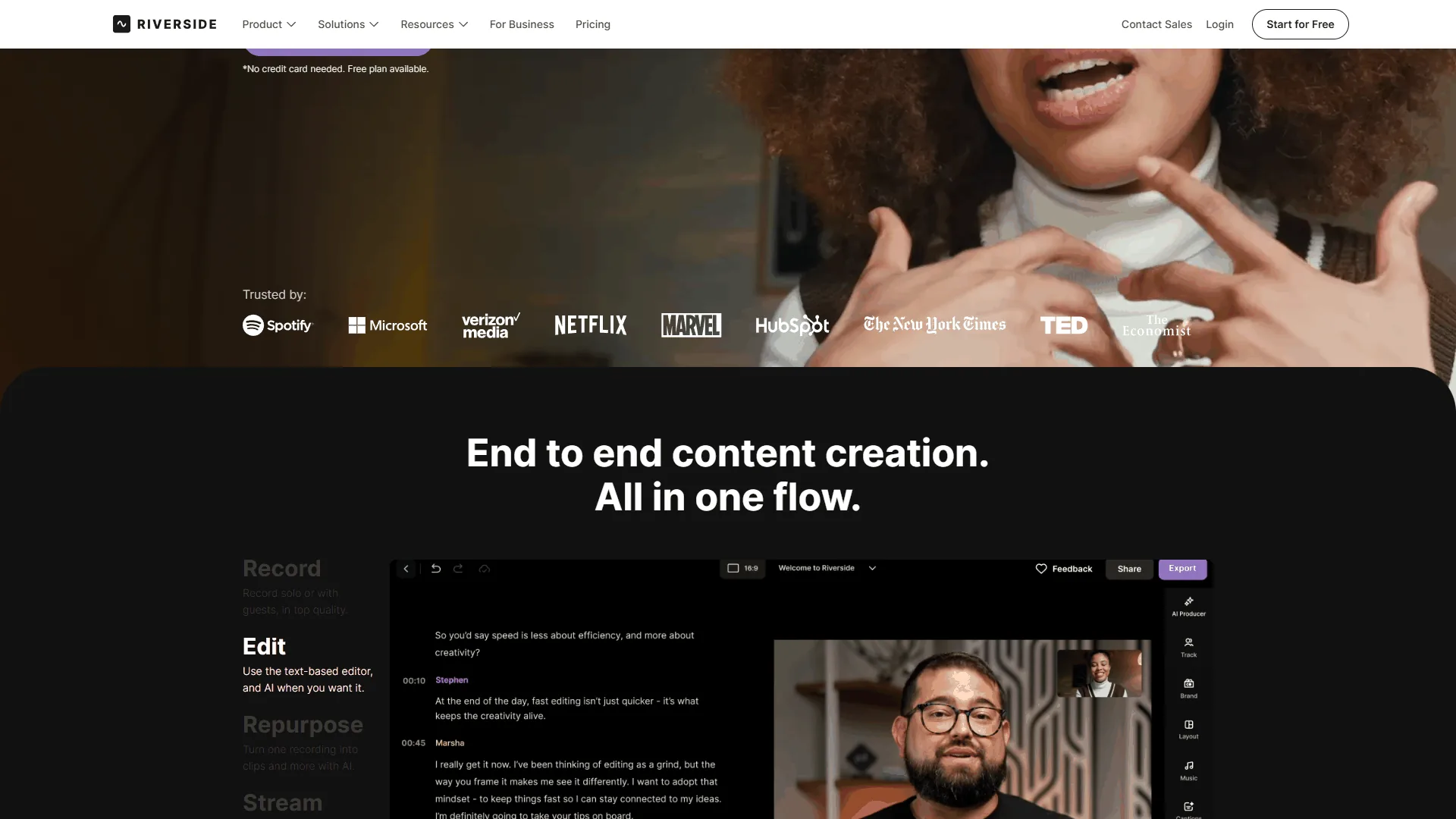Riverside homepage showing End to end content creation section with a text-based editor preview