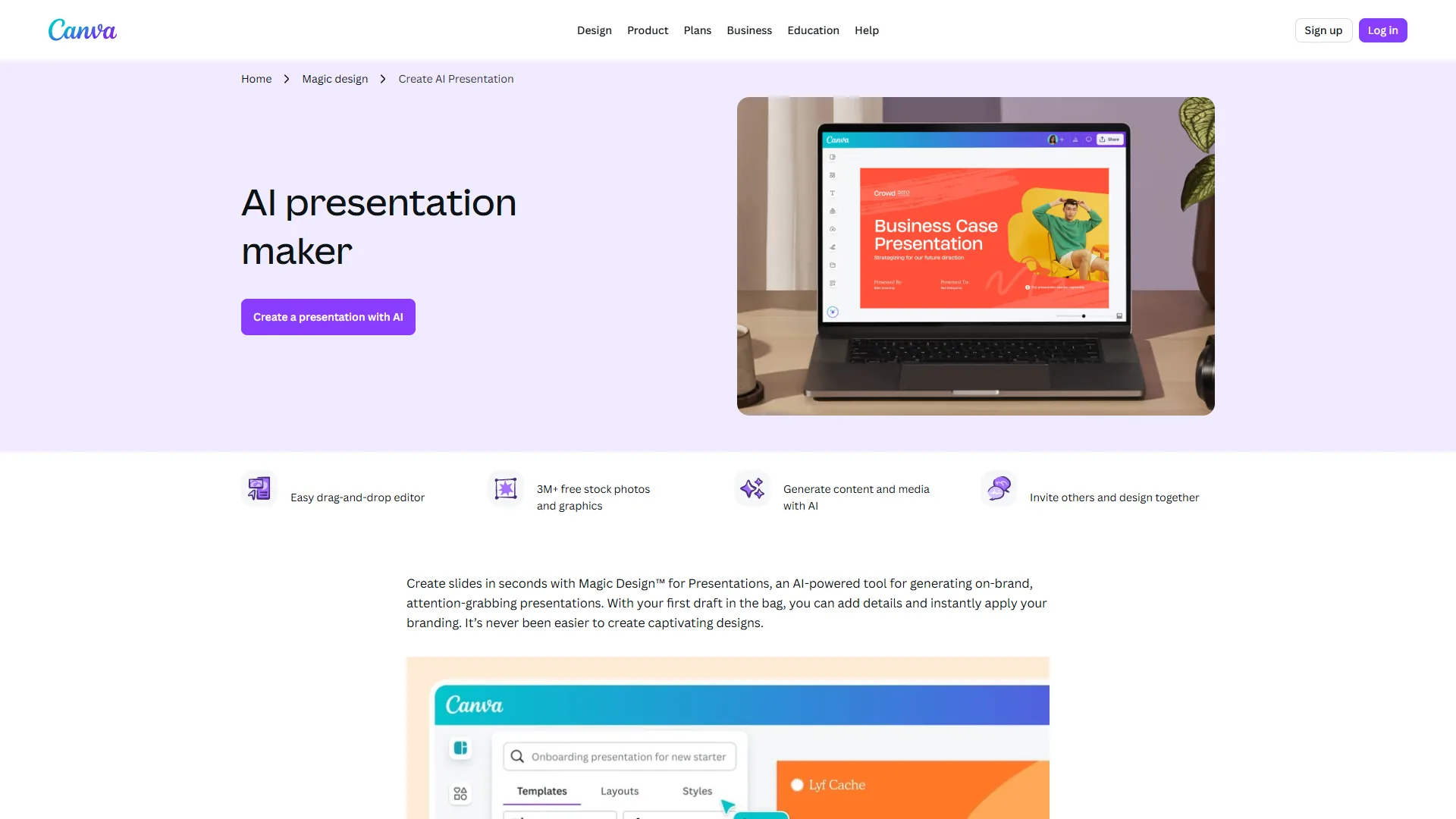 Canva presentation design interface with Magic Studio AI tools