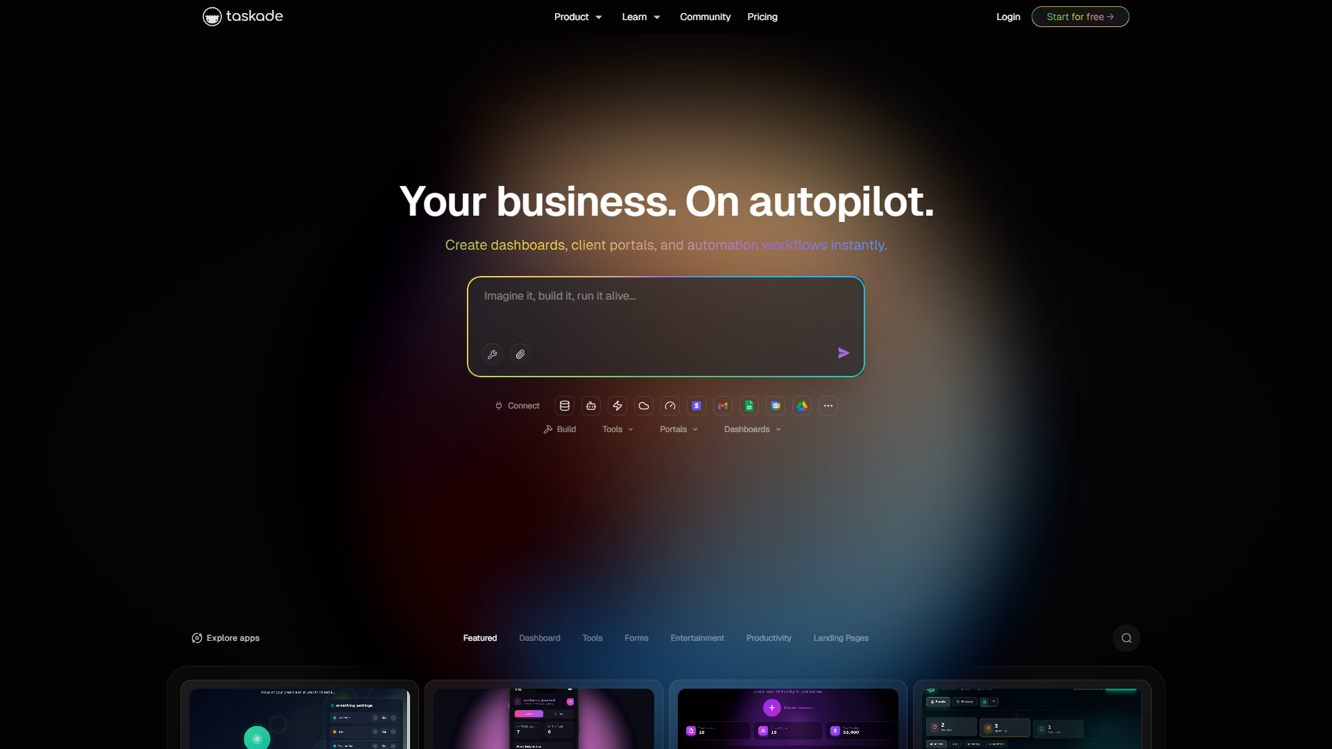 Taskade homepage showing AI-powered workspace with unlimited agents and Taskade Genesis