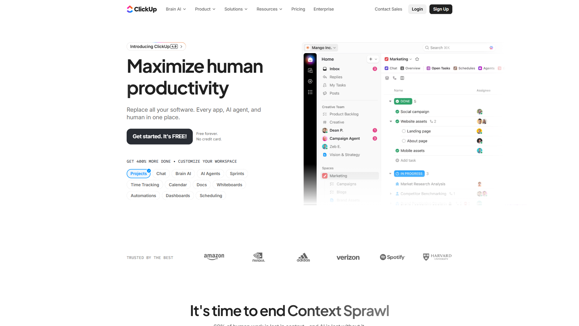 ClickUp homepage showing all-in-one productivity platform with ClickUp Brain AI