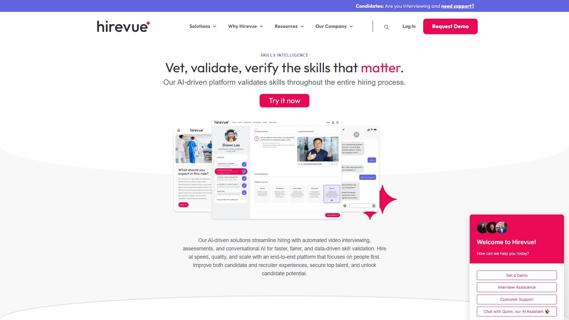 HireVue video interview platform showing AI-powered assessments and candidate evaluations