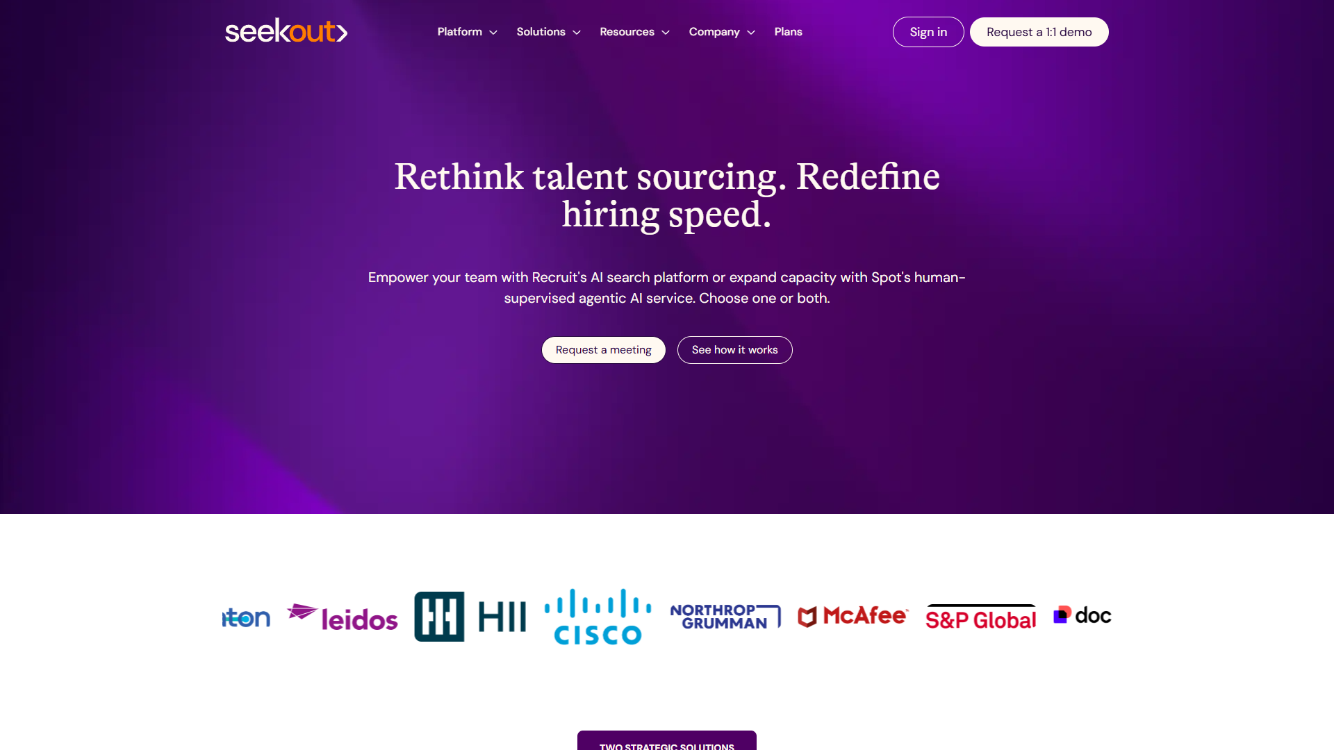 SeekOut talent sourcing interface with AI-powered search and diversity filters