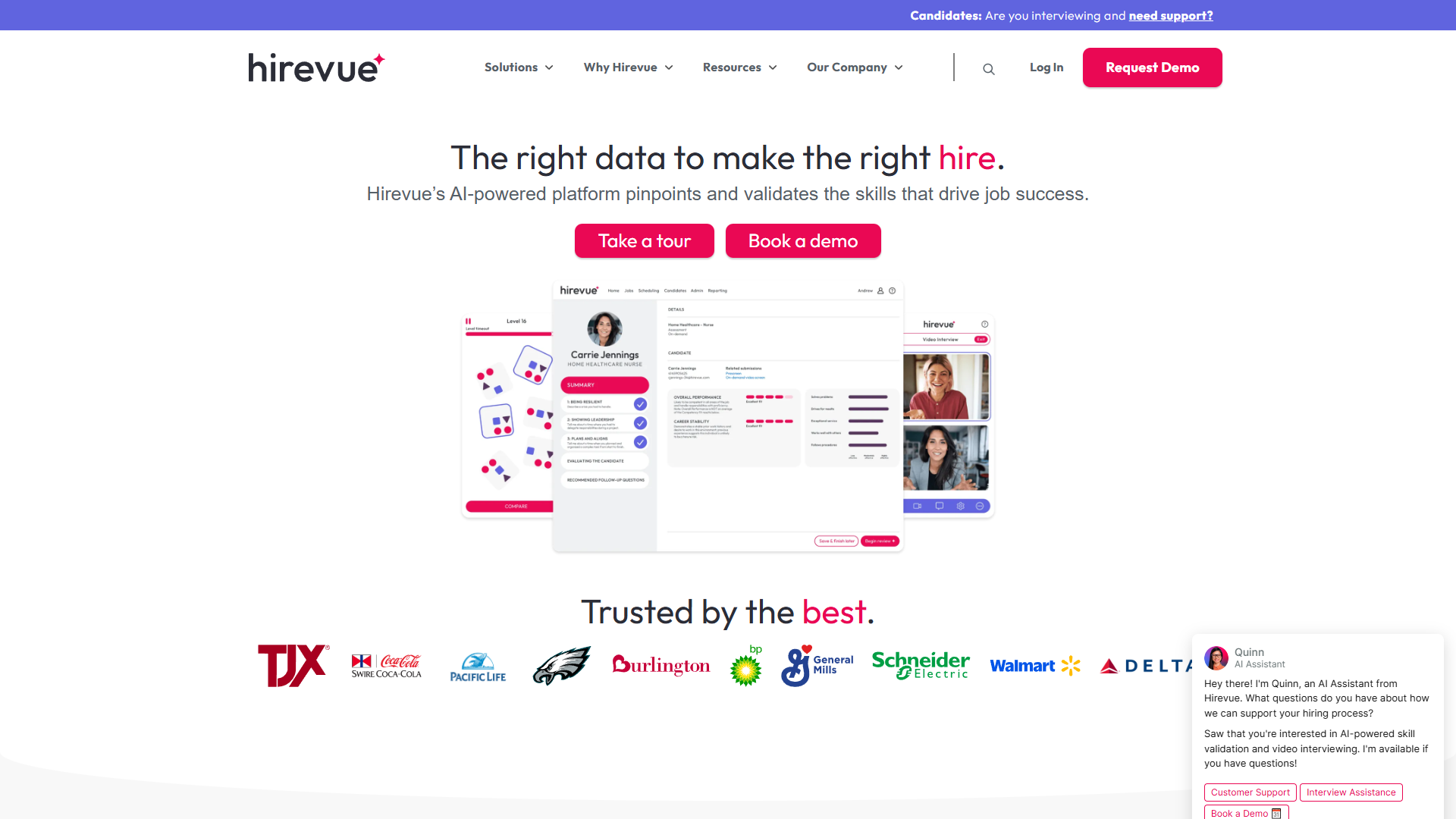 HireVue video interviewing platform dashboard showing candidate pipeline and AI assessment scores