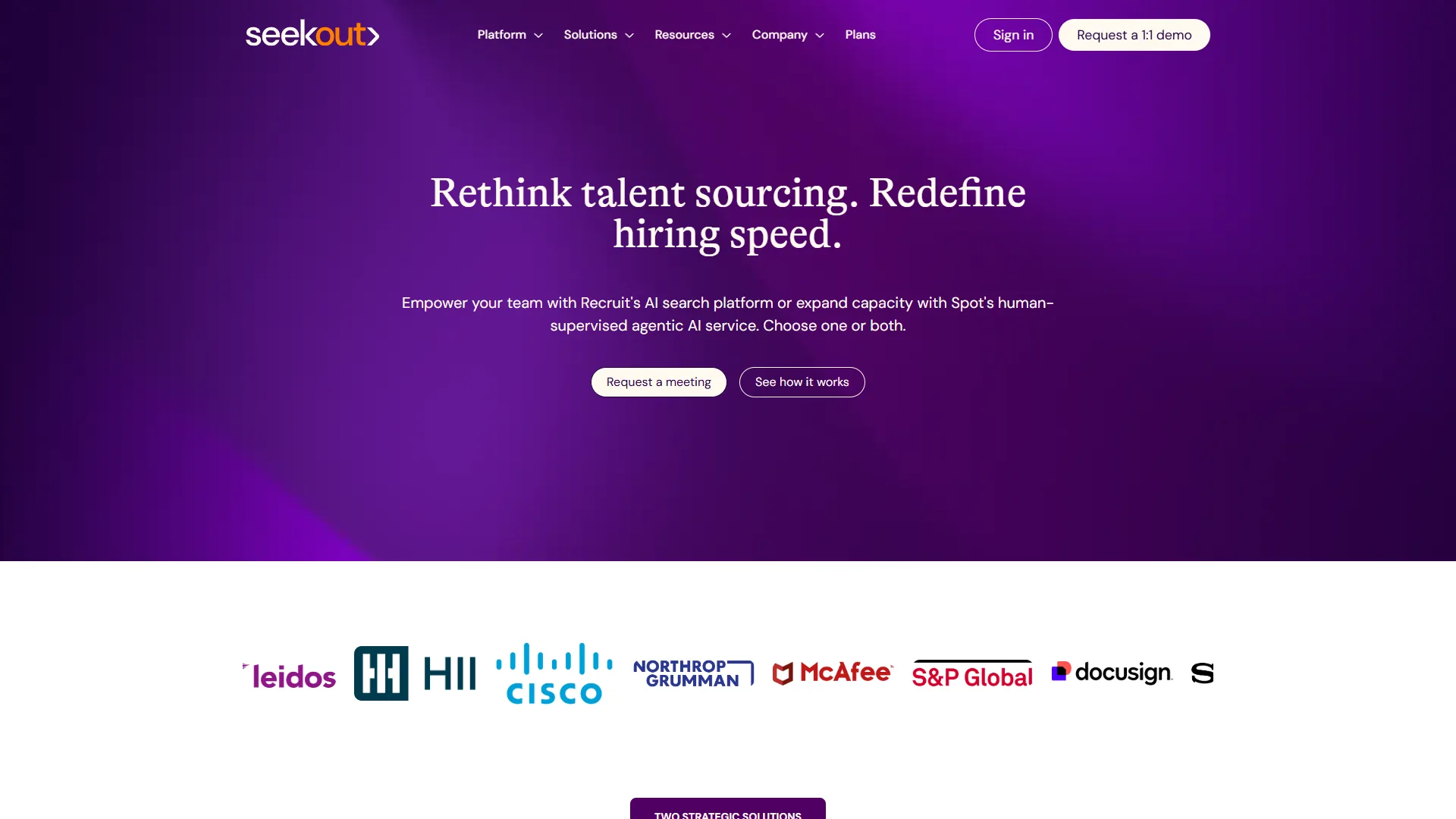 SeekOut sourcing platform showing Boolean search builder and diversity analytics dashboard